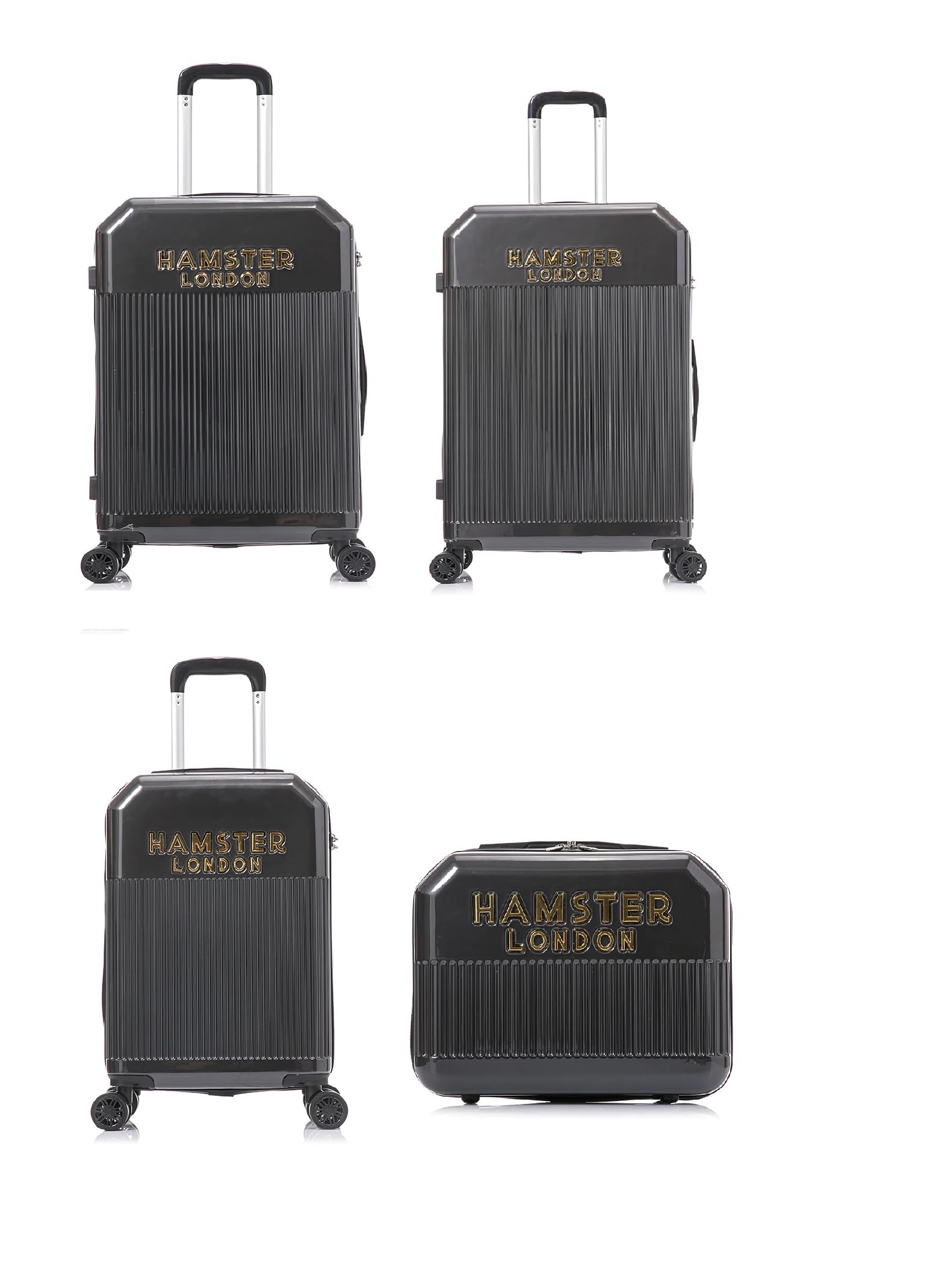 HAMSTER LONDON High Candy Collection Suitcase 4 Pc Set 35, 50, 60, 70 cms- Vanity Box, Small, Medium & Large Polycarbonate Hardsided Luggage Set/Suitcase Set/Trolley Bag Set (Set of 4, Black)