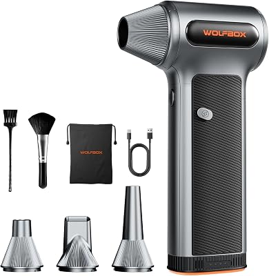 WOLFBOX MF200 Elektrisches Staubgebläse mit Abnehmbarem Akku, 87.5 m/s Air Duster Kabellos, 3-Stufen Akku Gebläse mit 4 Düsen, Druckluftspray Alternative für PC Reinigung, Tastatur, Auto, Outdoor
