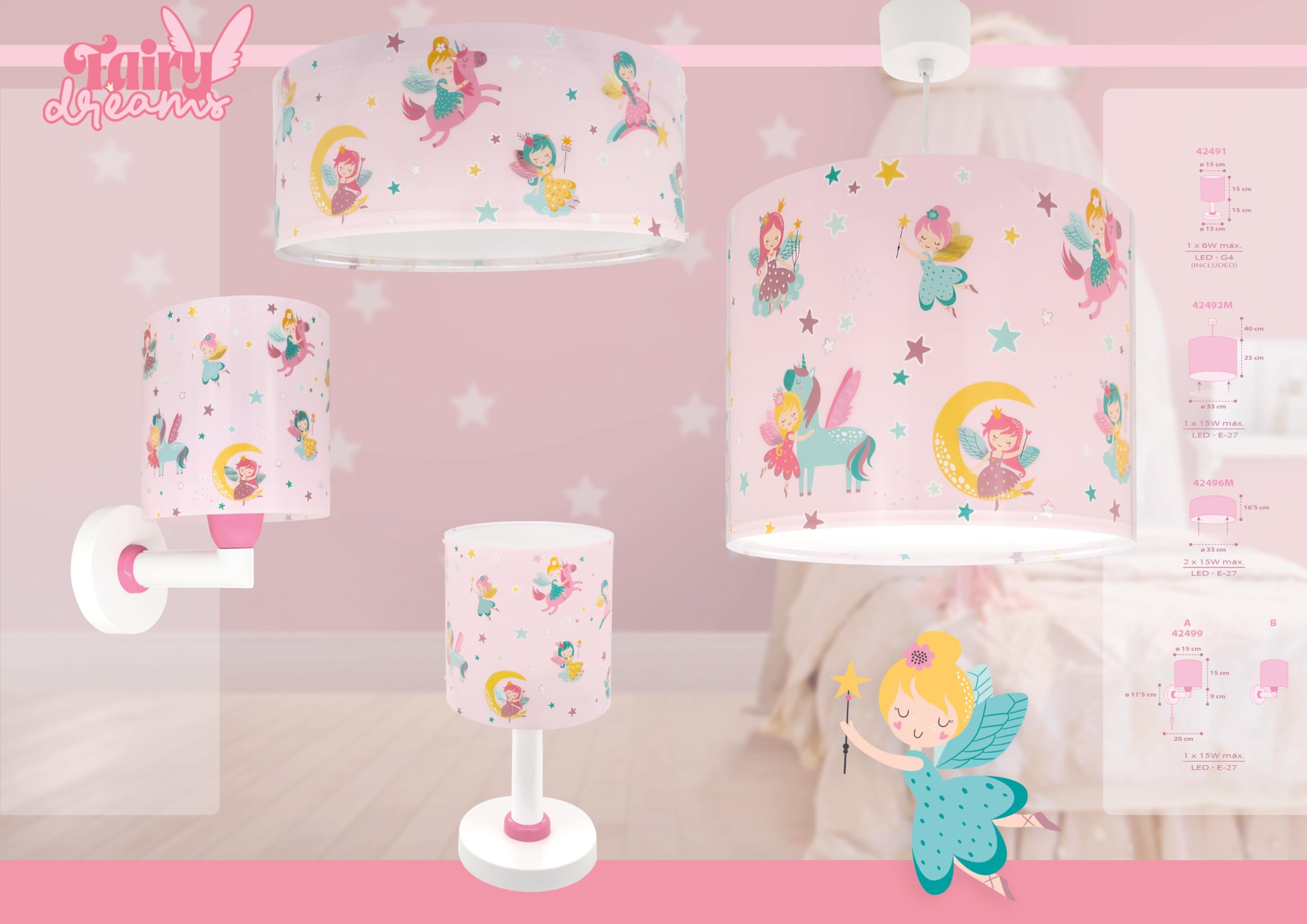 Dalber Lámpara De Techo Colgante Infantil Fairy Dreams Hadas Rosa, lámparas infantiles