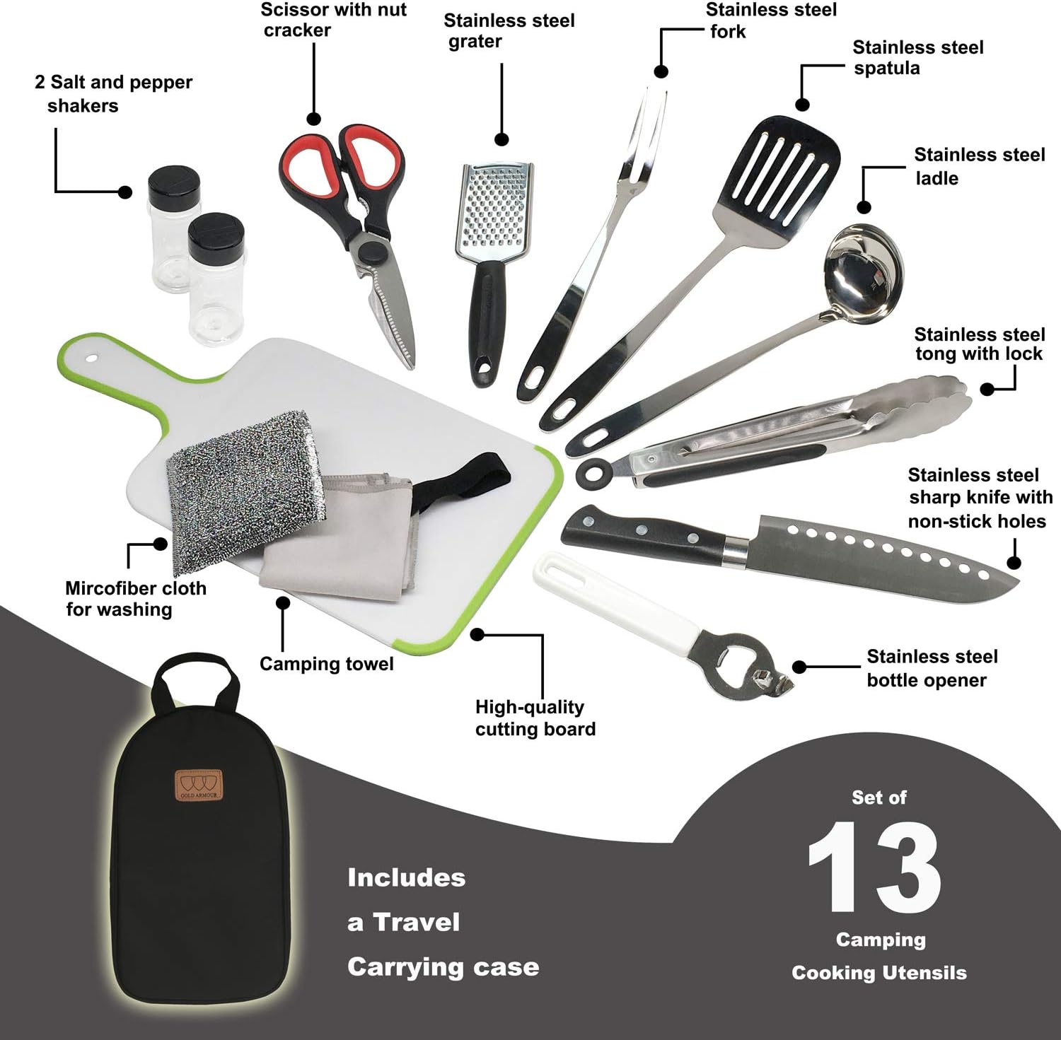Gold Armour Camp Kitchen Utensil Organizer Travel Set Portable BBQ Camping Cookware Stainless Steel Utensils Travel Kit Outdoor Equipment Cutting Board Tongs Scissors Knife Ladle Spatula : Sports & Outdoors