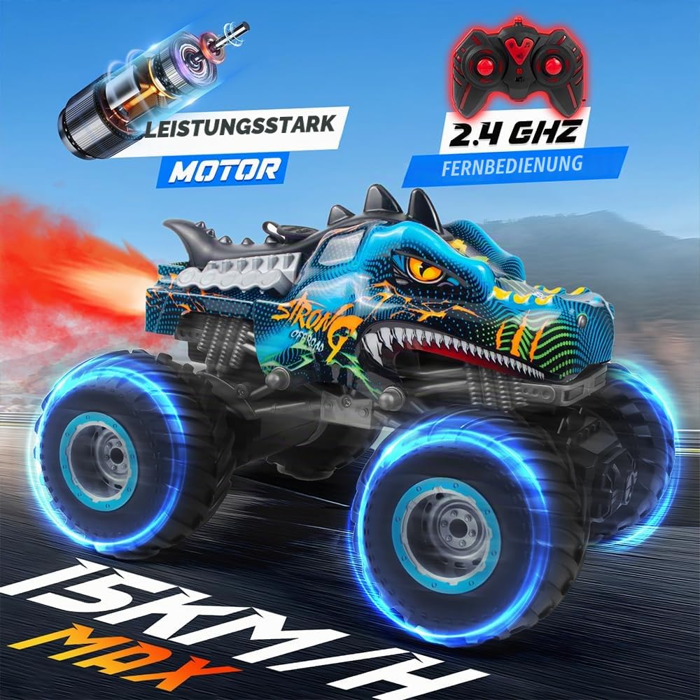 Ferngesteuertes Auto Dinosaurier 1:16 Maßstab RC Monster Truck Fernbedienung Auto mit Sprühnebel-Musik-LED-Leuchten, 2,4 GHz 20 km/h RC Auto Spielzeug für Kinder ab 3 4 5 6 8 10 Jahre