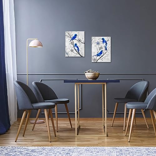 Miniatura 5 de FuShvre Cuadros azules y grises para decoración de pared, diseño de pájaros azules y flores, pintura de primavera para cocina, dormitorio, baño, 12