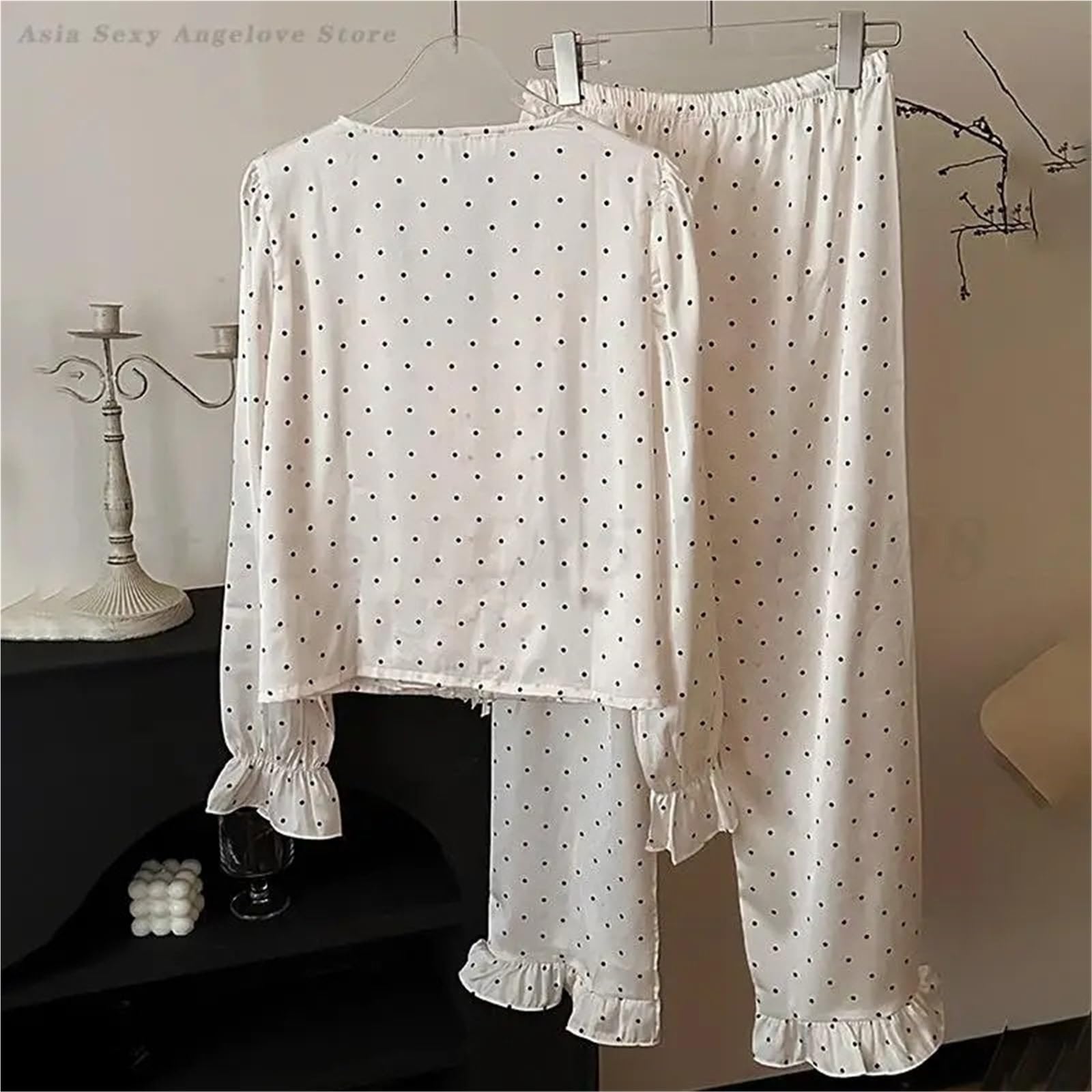 Conjunto de Pijama 2 uds con Borde Volantes Lunares, Ropa Dormir Seda Helada for Primavera y Verano, Holgada Suave Manga Larga Cuello en V for Mujer para Descanso en casa