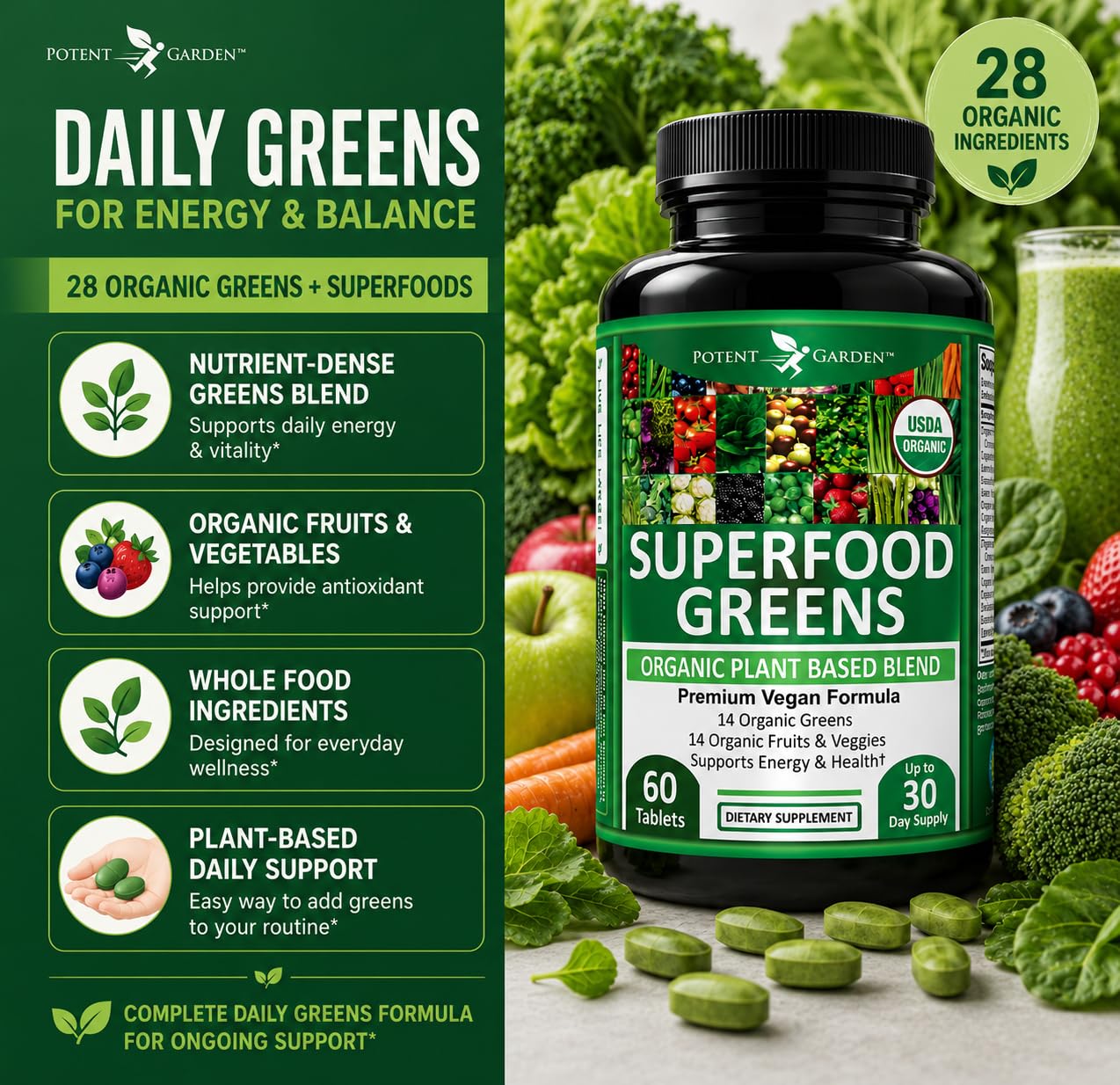 Potent Garden Super Greens Capsules, Fruits and Veggies Supplement, Organic Greens Tablets with Alfalfa Beet Root & Tart Cherry, Daily Nutrition Support, 60 Ct — Amazon image 6