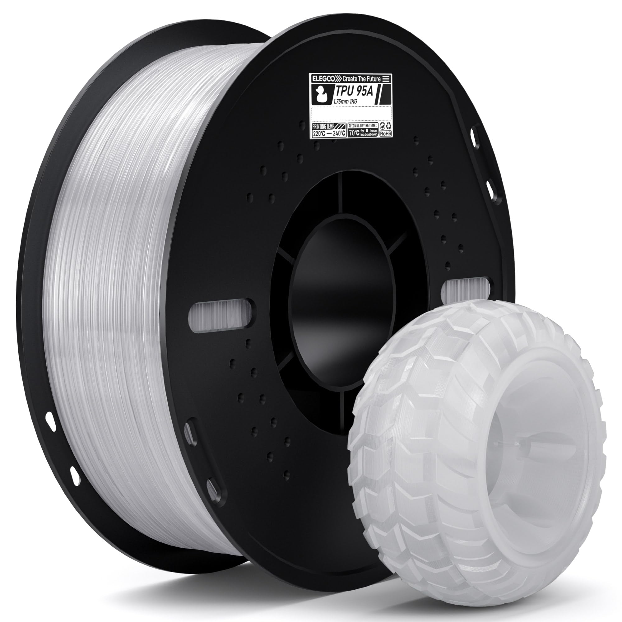 ELEGOO TPU 95A Filamento per Stampanti 3D 1,75 mm Traslucido 1KG, TPU Filamento Flessibile Morbido per Stampa 3D, Bobina da 1kg Compatibile con la Maggior Parte delle Stampanti 3D FDM