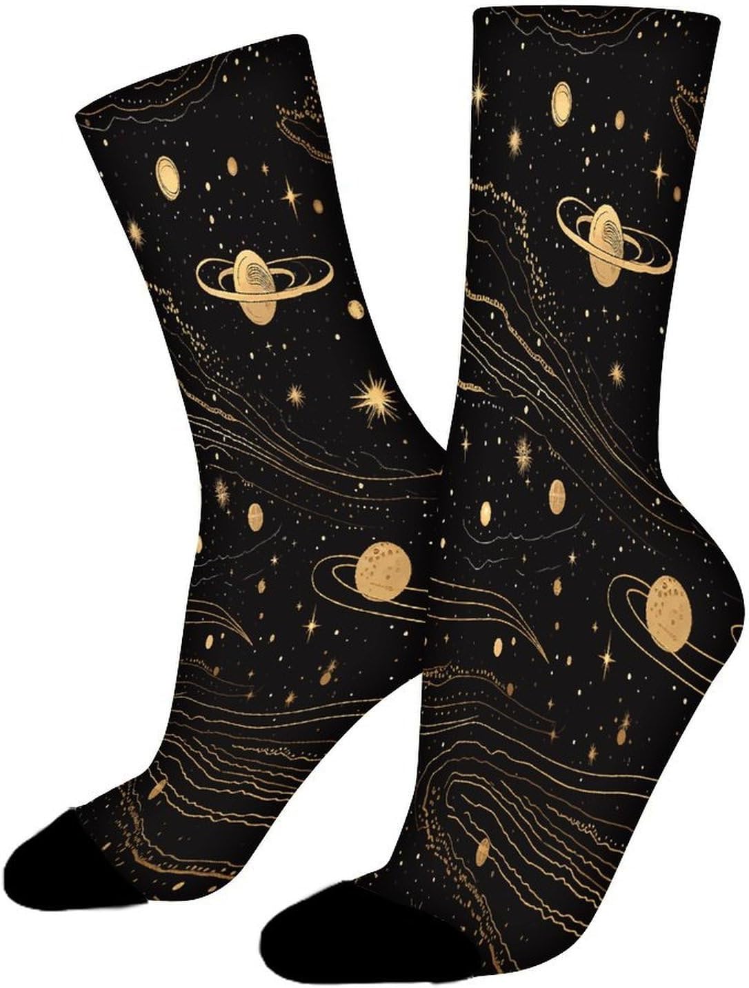 Gold And Silver Space Themed Crew Sock High Stocking Grippy Socks | Socks for Men & Women,Stockings-Long Thin Tube Sports, Breathable Soft Athletic for Nurses,Travel