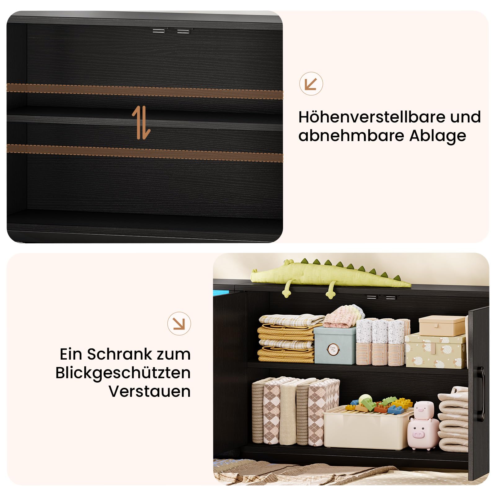 KIMENICH Polsterbett Schlafsofa 90x200 mit LED-Beleuchtung, Ladestation, Tagesbett, Jugendbett mit 2 Schubladen und Lattenrost aus Metall, Kopfteil mit Offenem Regal, Schrank, Schwarz
