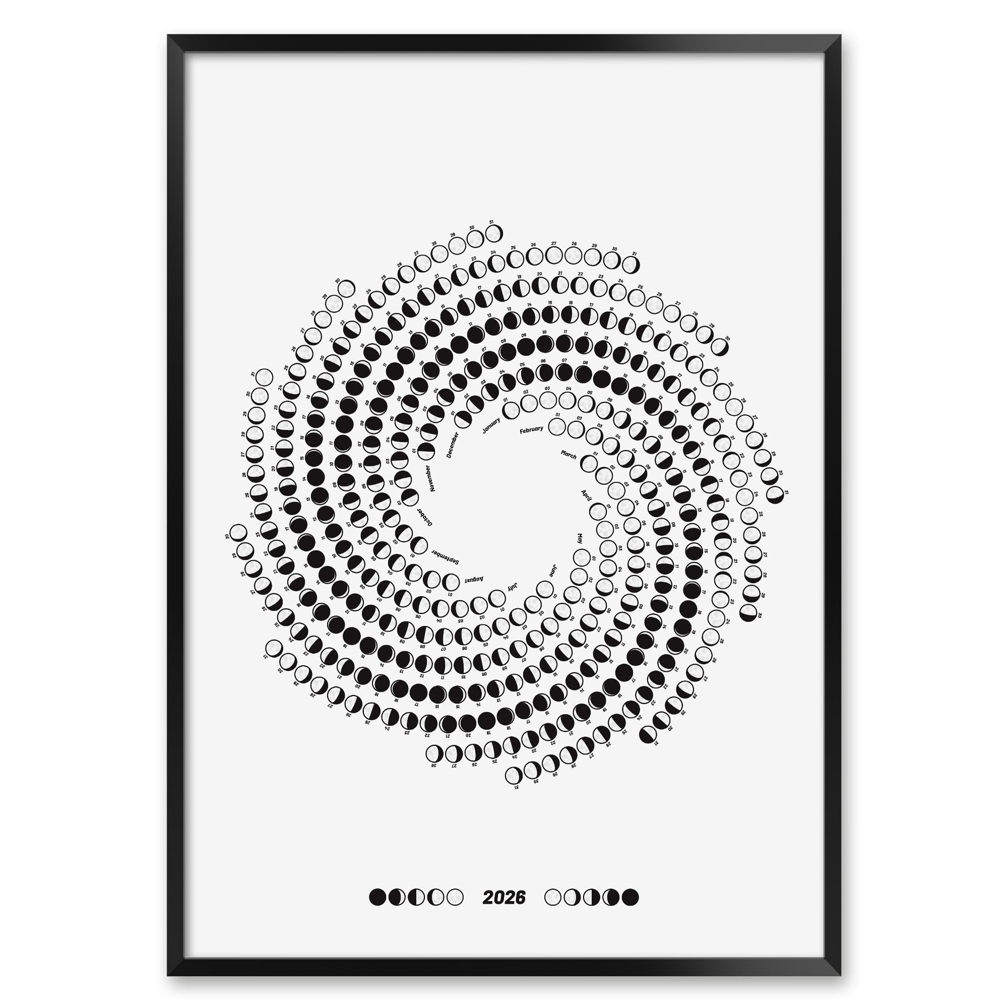 2026 Spiral Moon Phases Calendar Print, Black and White Lunar Cycle Poster for Astronomy Lovers and Home Decor