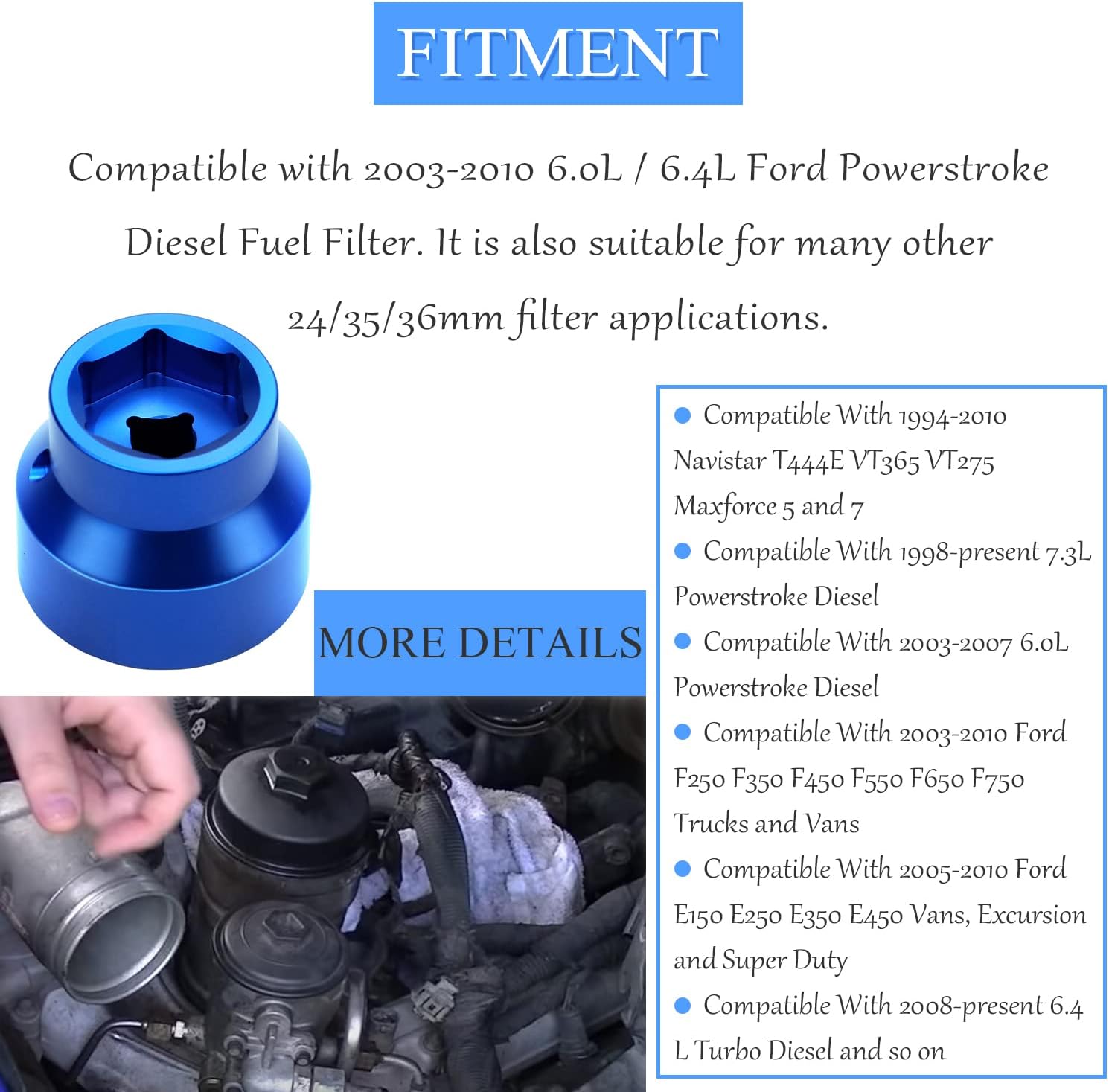 Oil Filter Socket 24mm / 36mm Reversible Fuel Filter Cap Remover and Installer Assistant Compatible with 6.0L / 6.4L Ford Powerstroke Diesel 2003-2010 (blue)