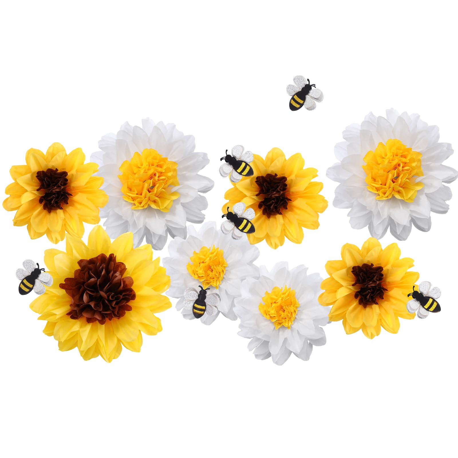 Feifeiya 14 Pcs Sunflower Daisy Tissue Paper Pom Poms Flower Bee Cutout Decorations Yellow Brown White 12