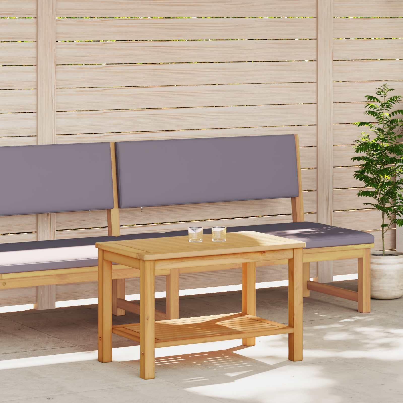 Stolik pomocniczy z naturalnego drewna akacjowego, 70 x 40 x 45 cm, z półką, miejsce do przechowywania do salonu i ogrodu, stolik do odkładania napojów i na sofę