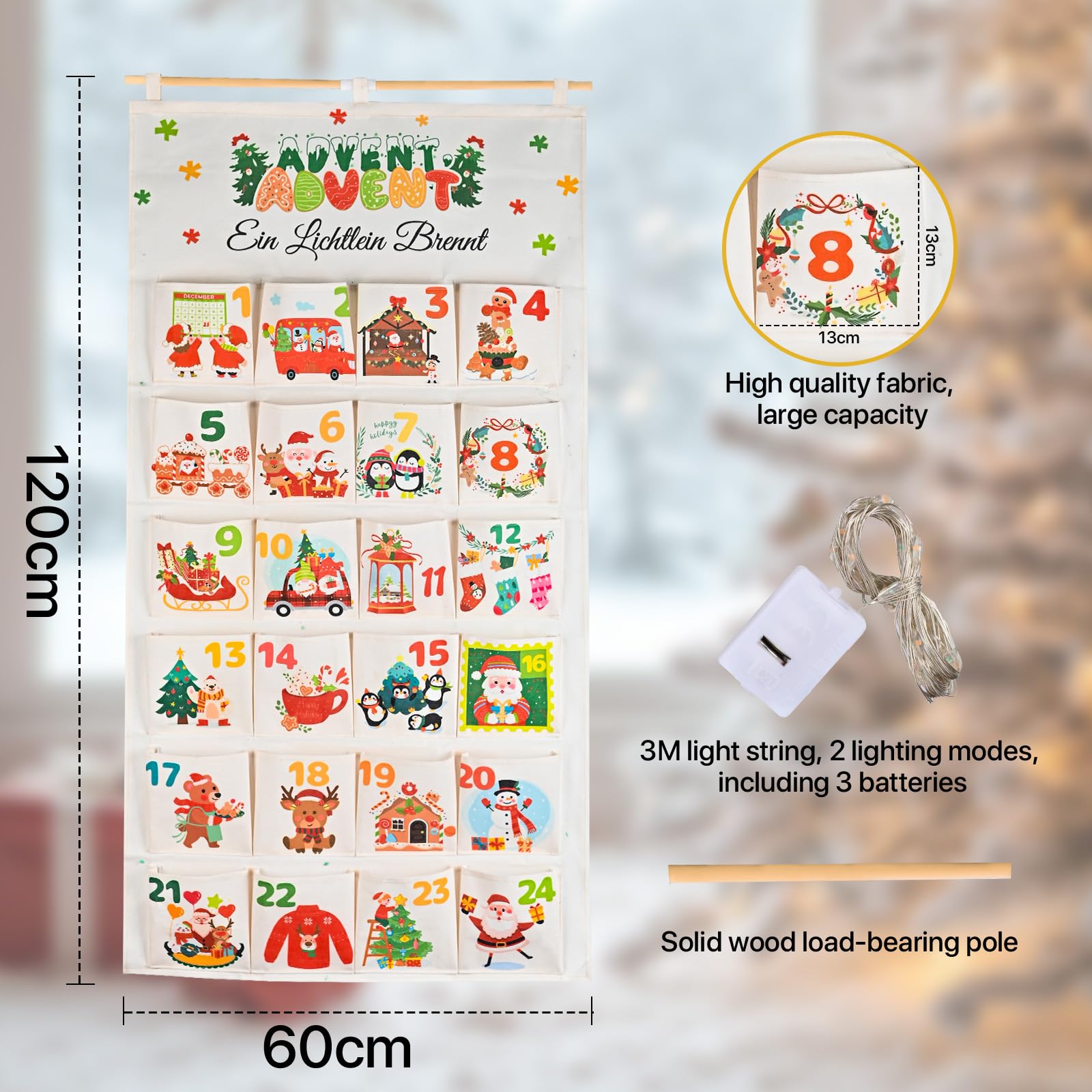 Adventskalender zum Befüllen Stoff mit 3M Lichtkette,120 * 60cm Adventskalender 2025 Selber Befüllen mit 24 Taschen,Wiederverwendbare Geschenke Weihnachten,Deko Wohnzimmer