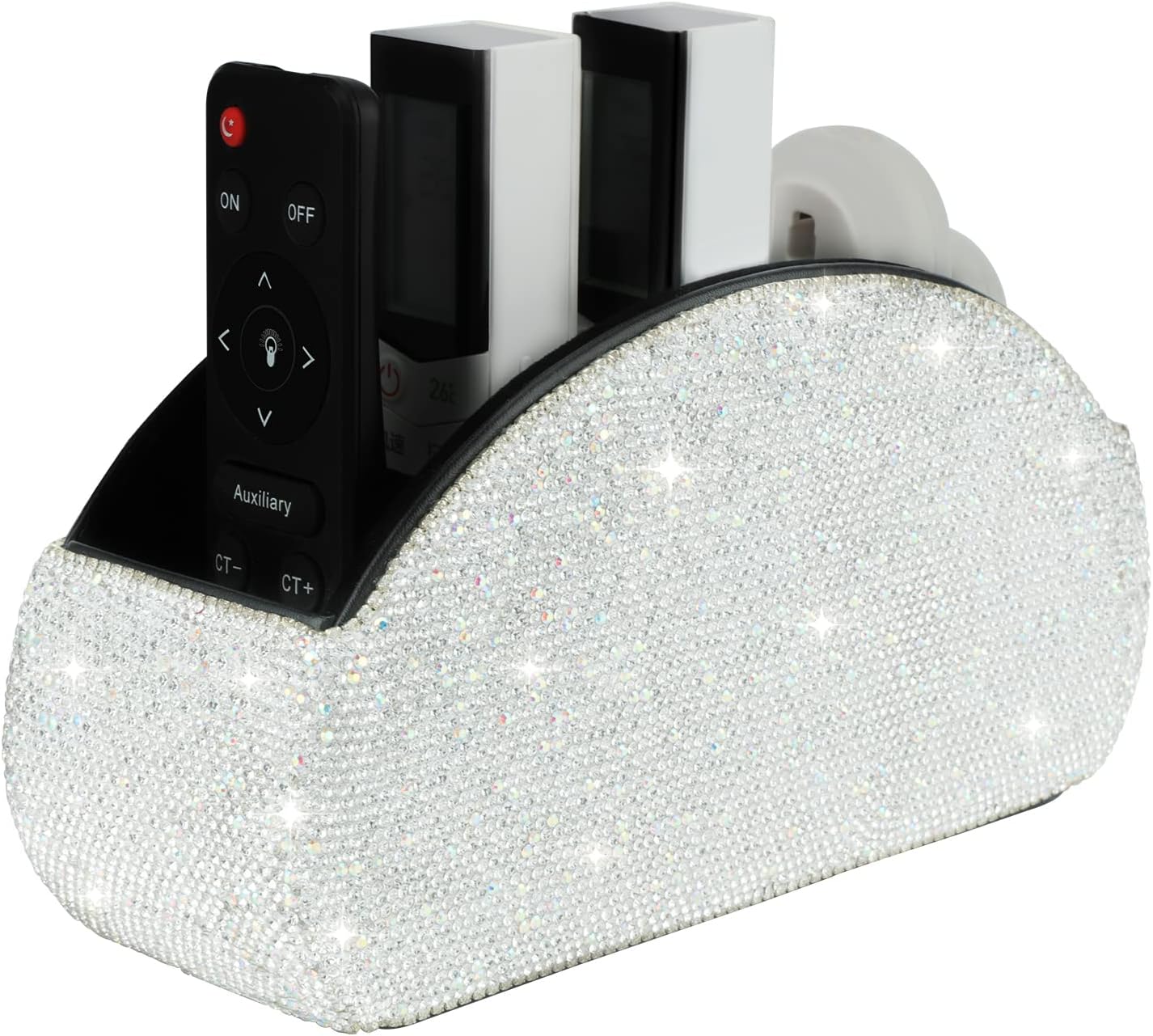 KEYPOWER Remote Control Holder Organizer Table Desk Leather Control Storage TV Remote Control Organizer with 5 Spacious Compartments Bling Crystal Luxury Handmade Diamond (White)