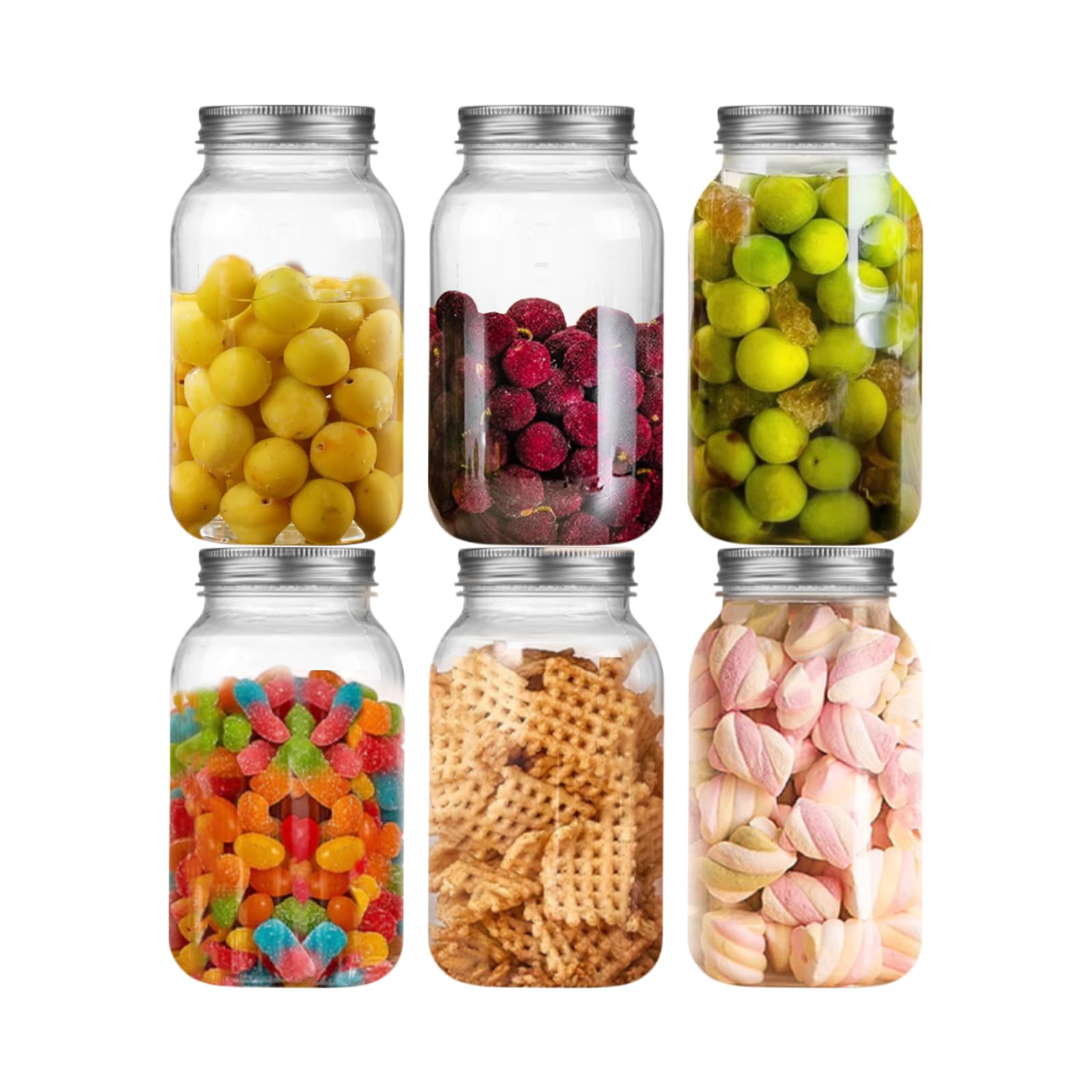Naivees 6 Pack 32 OZ Mason Jars Clear Plastic Storage Containers with Silver Matel Lid Plastic Empty Jars for Kitchen and Household