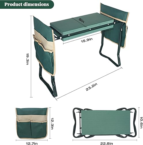 Miniatura 2 de Rodillero y asiento de jardín mejorados con almohadilla gruesa y ensanchada, banco de jardinería resistente y asiento plegable con 2 bolsas de