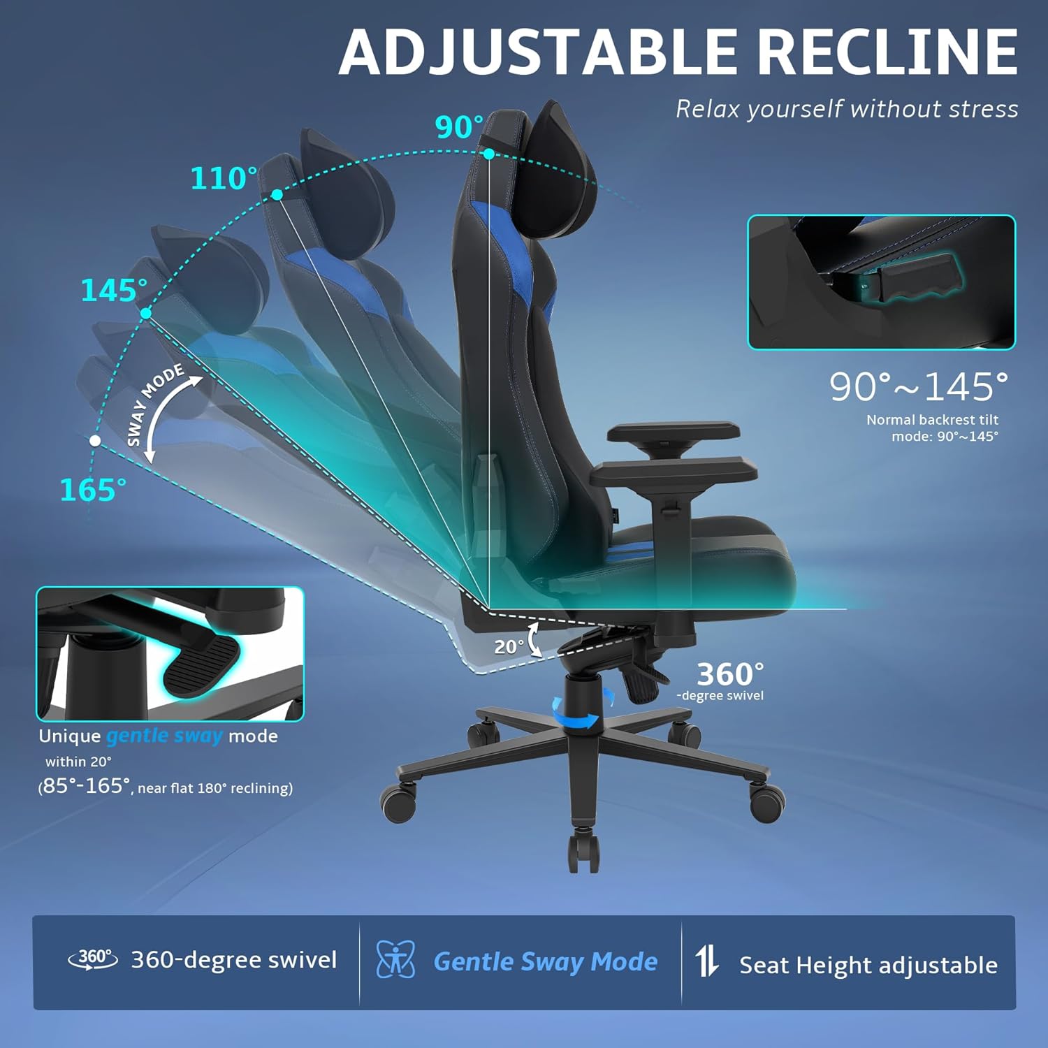 Ergonomic Gaming Chair, Computer Desk Chairs, 4D Armrests, High Back Office Chair with Headrest & Lumbar Pillow, Tilt Rocker Recliner, Heavy-Duty Base, Black PU Leather & Blue Suede Combo