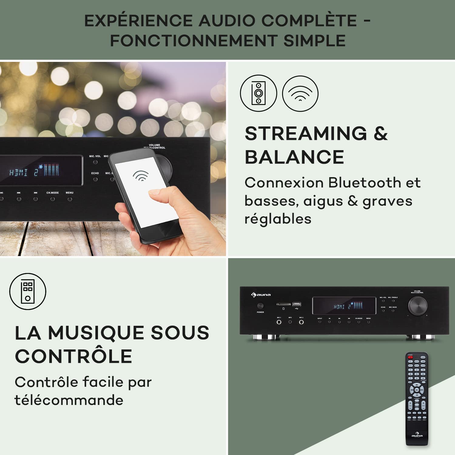 Auna Amplificateur Audio, Système Stéréo Recepteur Bluetooth Hifi, Ampli Hifi Contrôle Basses et Aigus, Univers Hi-fi, Amplificateurs 5 Canaux, Télécommande, AUX
