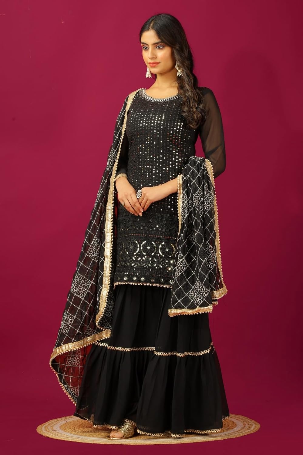 Beautiful Chinnon Punjabi Style Sharara Suit For Women Ready To Wear Salwar Kameez With Dupatta