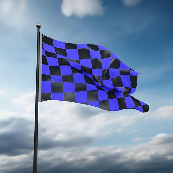 Runesol - Bandiera a scacchi blu e nero, 91 x 152 cm, 0,9 x 1,5 m, per corse F1, decorazione per feste di auto, 4 occhielli, bandiere premium - 5
