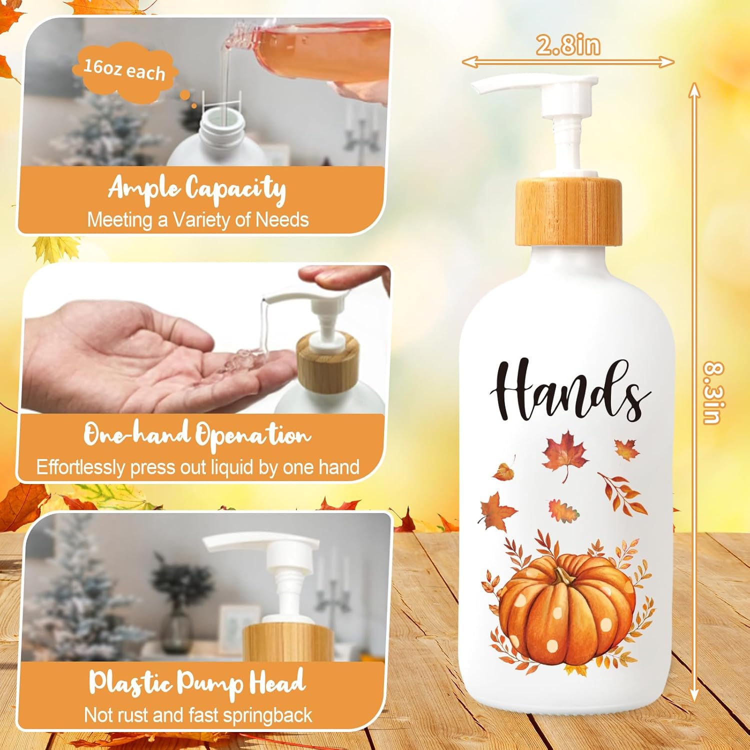 FYSUIMU 2Pcs Fall Soap Dispenser White Orange Pumpkin Leaves Glass Dispenser with Pump 16 Oz Refillable Liquid Soap Container for Autumn Harvest Thanksgiving Kitchen Bathroom