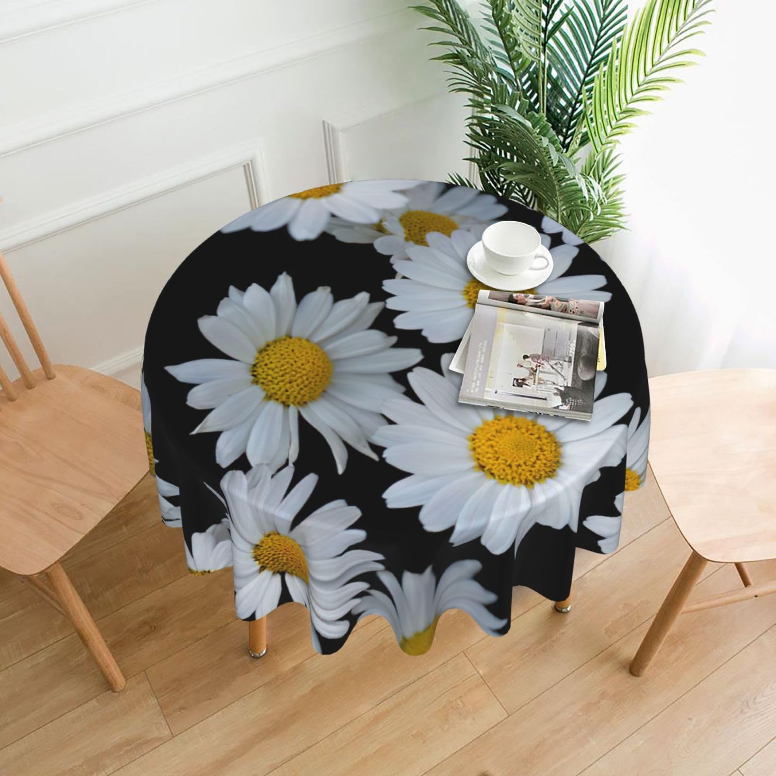 VCzsdff Daisies White Print Stain Resistant Round Tablecloth 60in Family Friendly Polyester Cloth for Kids Meals