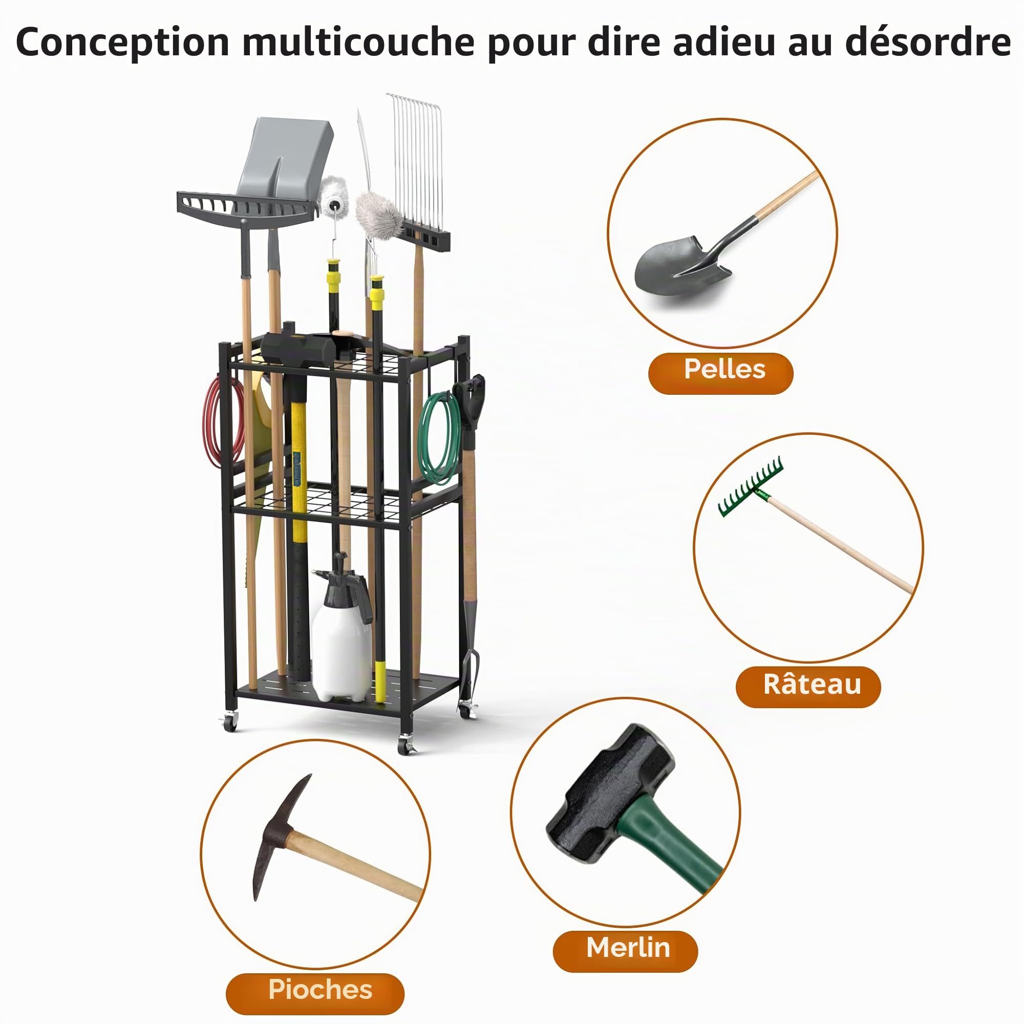 Rangement outils jardin 3 niveaux,polyvalent,roulettes freinables, M | 42*30*85cm, 35 positions, outils longs/courts, 4 crochets, robuste, roulettes freinables, anti-rouille, jardin/garage…