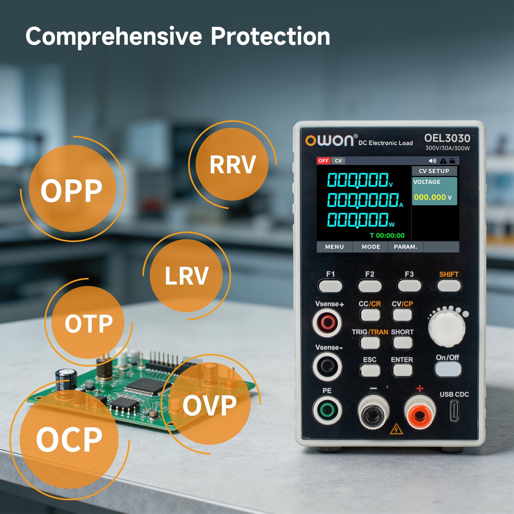 OWON Programowalne elektroniczne obciążenie prądu stałego OEL3030, DC 300 V, 30 A, maksymalnie 300 W, USB/RS232, CV CC CR CP, 4 tryby pracy, dynamiczny 5 kHz, tester mocy laboratoryjnej z 2,8-calowym