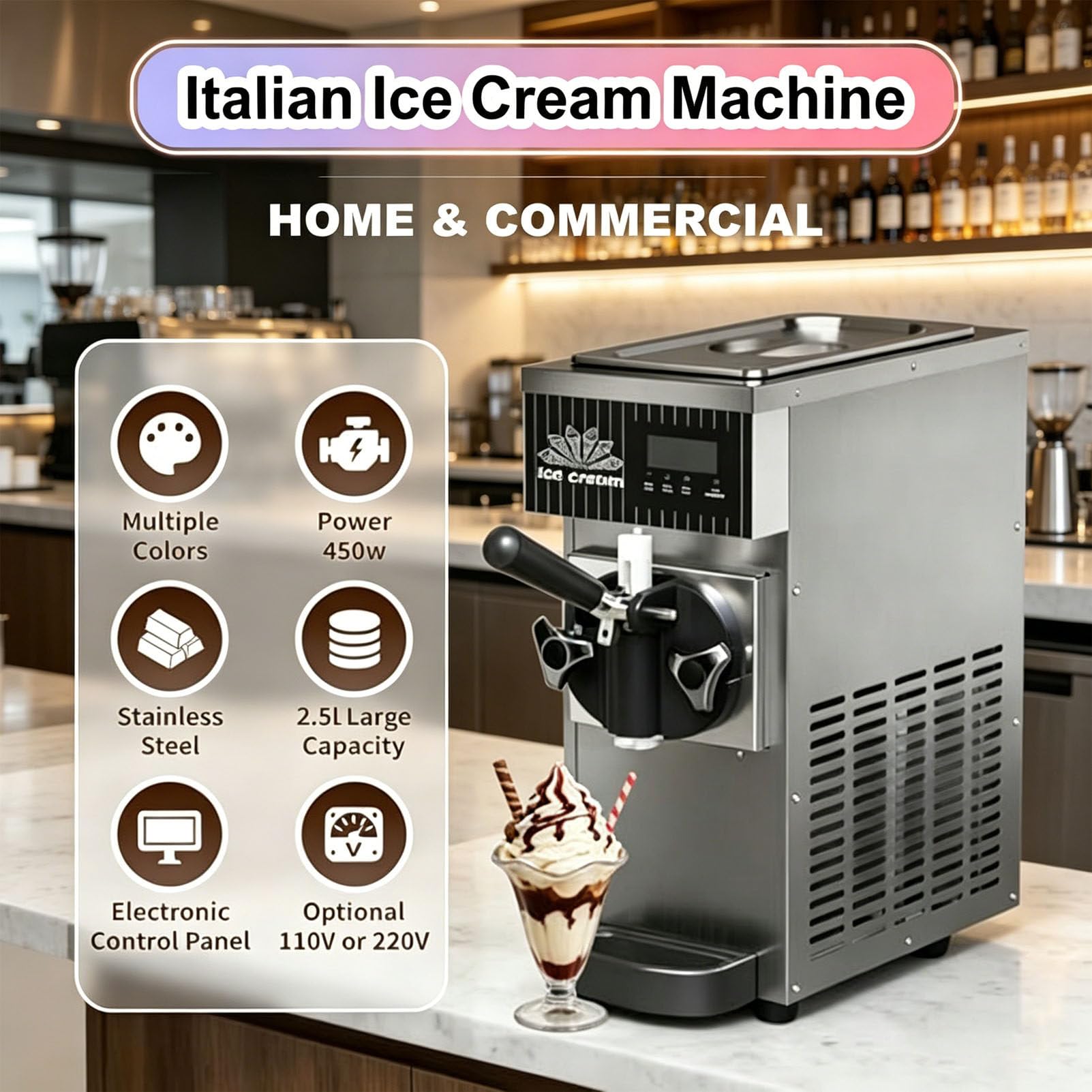 Machine à Glace à l'italienne Professionnelle, Machine à Glace Artisanale, Production de Glace à l'italienne 4-5 kg/h, écran LCD, idéale pour yaourts glacés, cafés CreamWhite