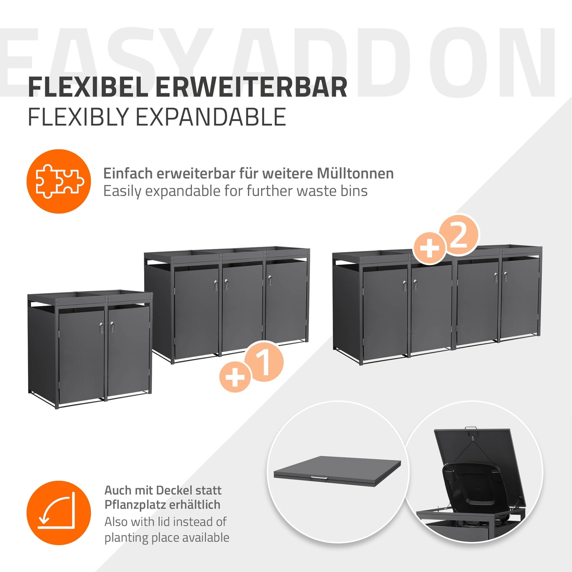 ML-Design Mülltonnenbox 2er 240L mit Pflanzdach, Mülltonnenverkleidung für 2 Mülltonnen, Müllbox wetterfest, Mülltonnenhaus aus Stahl, Müllcontainer mit abschließbarer Tür, 132x80x124 cm, Anthrazit