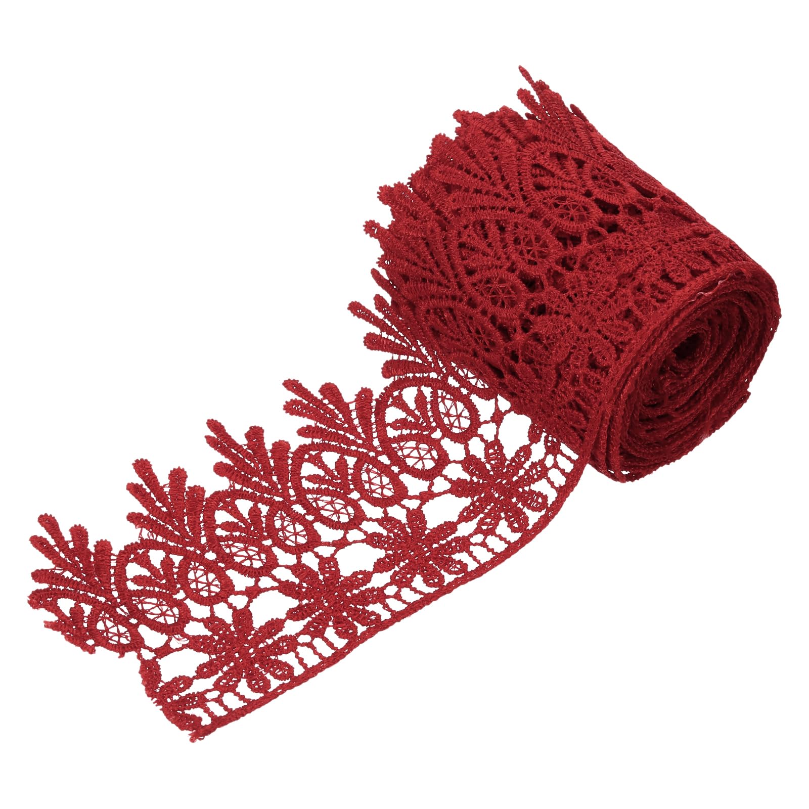sourcing map 3 Inch Wide 3 Yard Lace Ribbon Floral Pattern Dark Red Embroidered Edge Lace Trim Ribbons for Sewing Making, DIY Crafts, Gift Wrapping, Wedding Decor — image 1