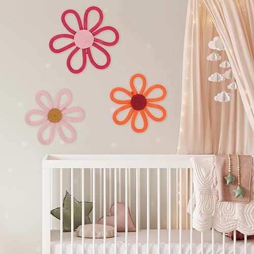 Miniatura 5 de 6 piezas de decoración bohemia de macramé tejido de flores de margaritas para colgar en la pared, decoración de pared de flores de 3 tamaños,