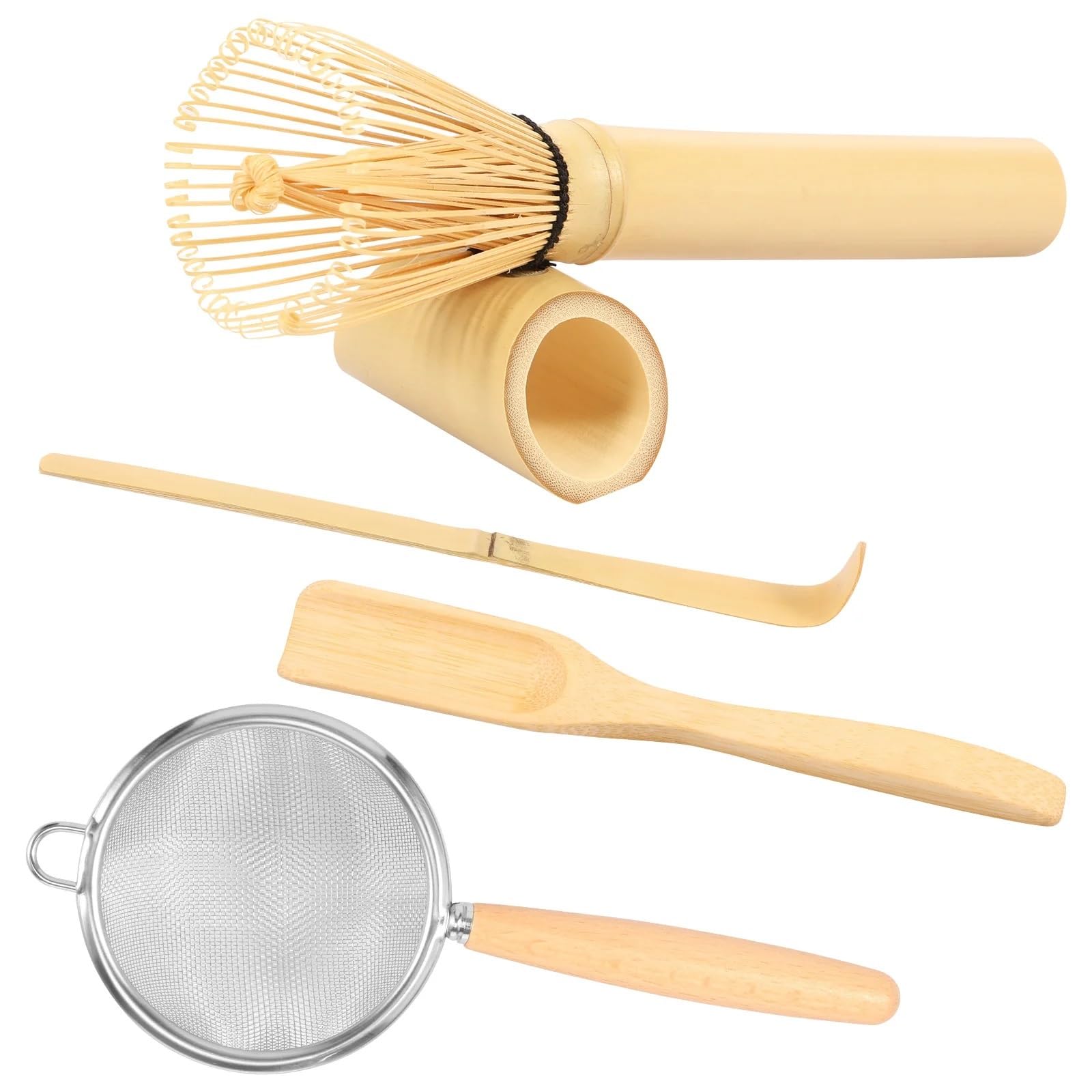 Servicio de té Matcha Juego de 4 o 5 batidores matcha hechos a mano, cuchara for té tradicional, colador profundo, soporte transparente for almacenamiento(5Pcs)