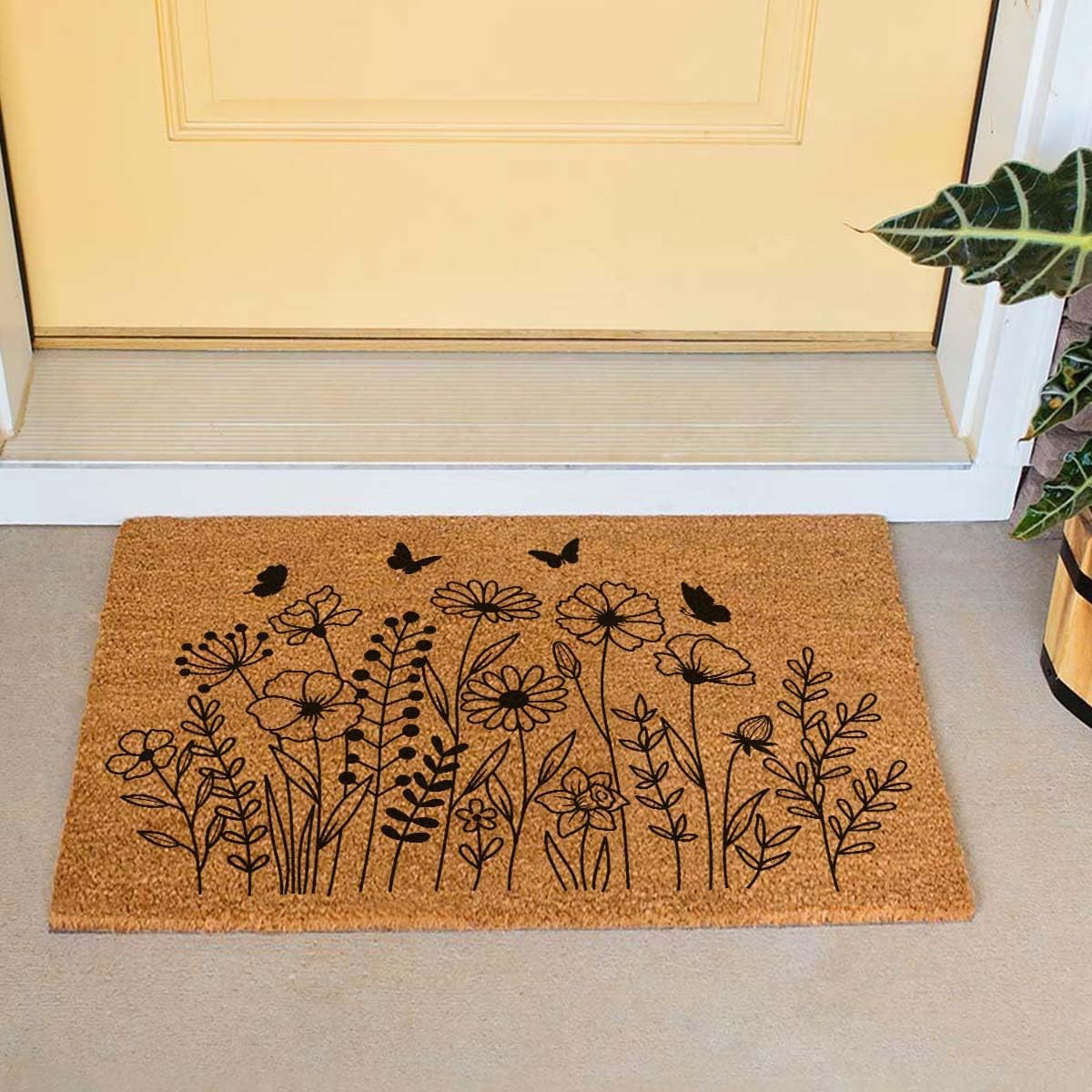Funny Coir Doormat 23.6 x 15.7 inch Personalized House Warming Gift Mat for Outside Entrance Front Porch Patio Door Non-Slip Decor (Wildflower Butterfly Floral Layered Striped)