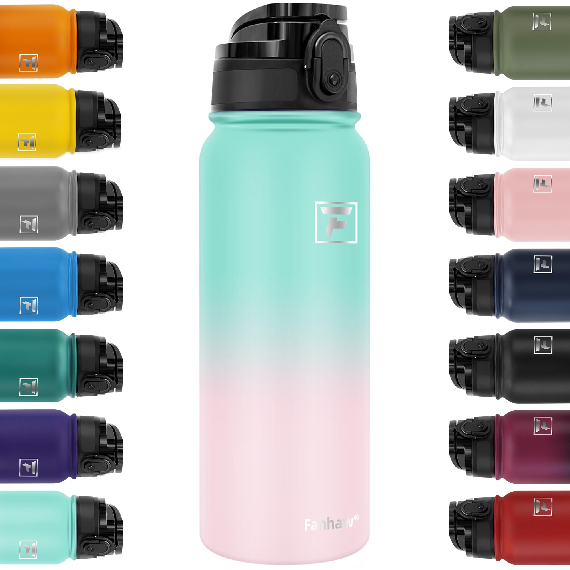 Fanhaw 600ml Trinkflasche Edelstahl mit 1 Deckel (Chug Deckel) - Für Schule, Kinder, Frauen, Männer | Auslaufsicher & Schweißfest mit Anti-Staub Deckel (Grün Rosa)