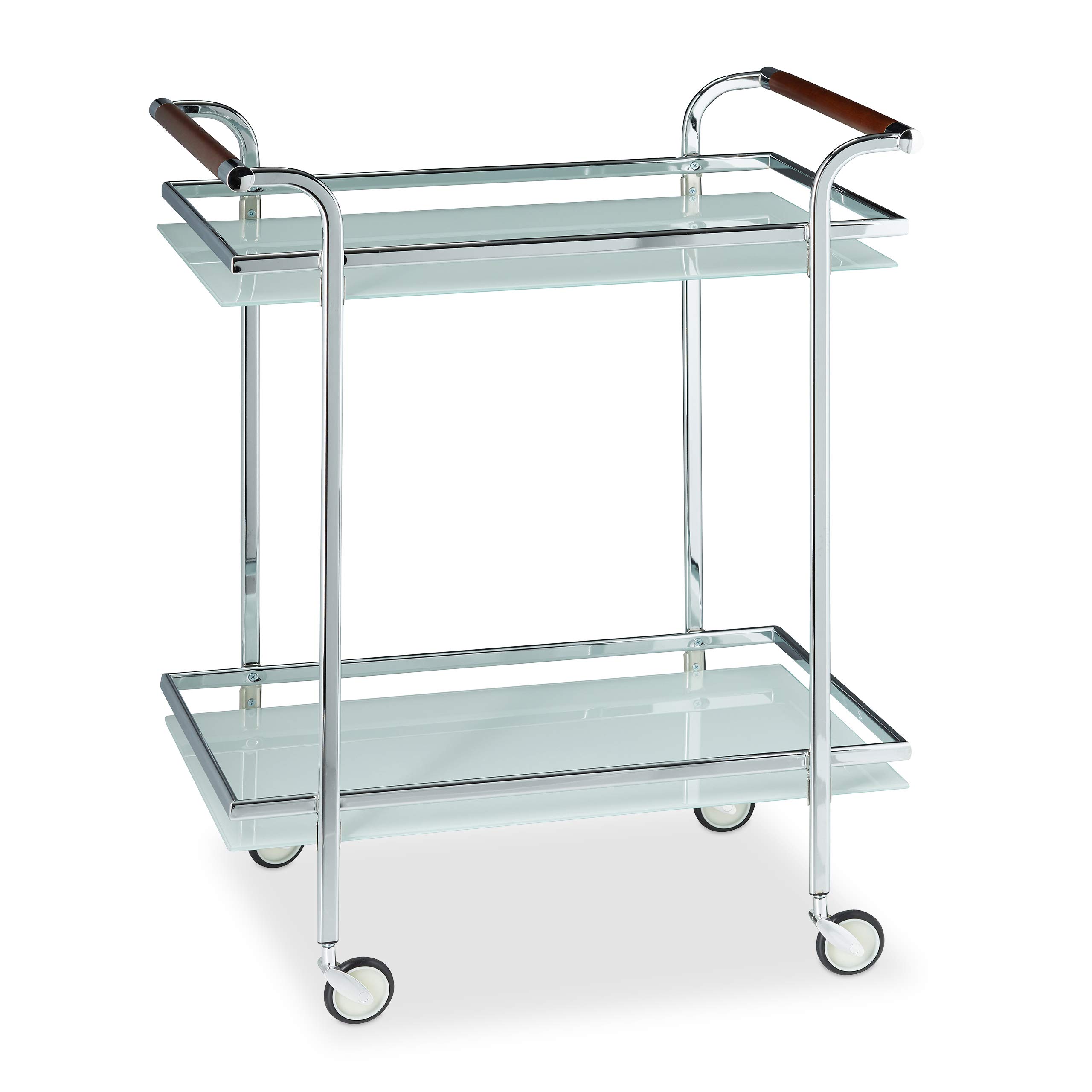 Relaxdays Carrello da Servizio in Vetro Opalino, Carrellino Portavivande con 2 Ripiani, a Vista, Elegante, HLP 85x66x43 cm, Argento