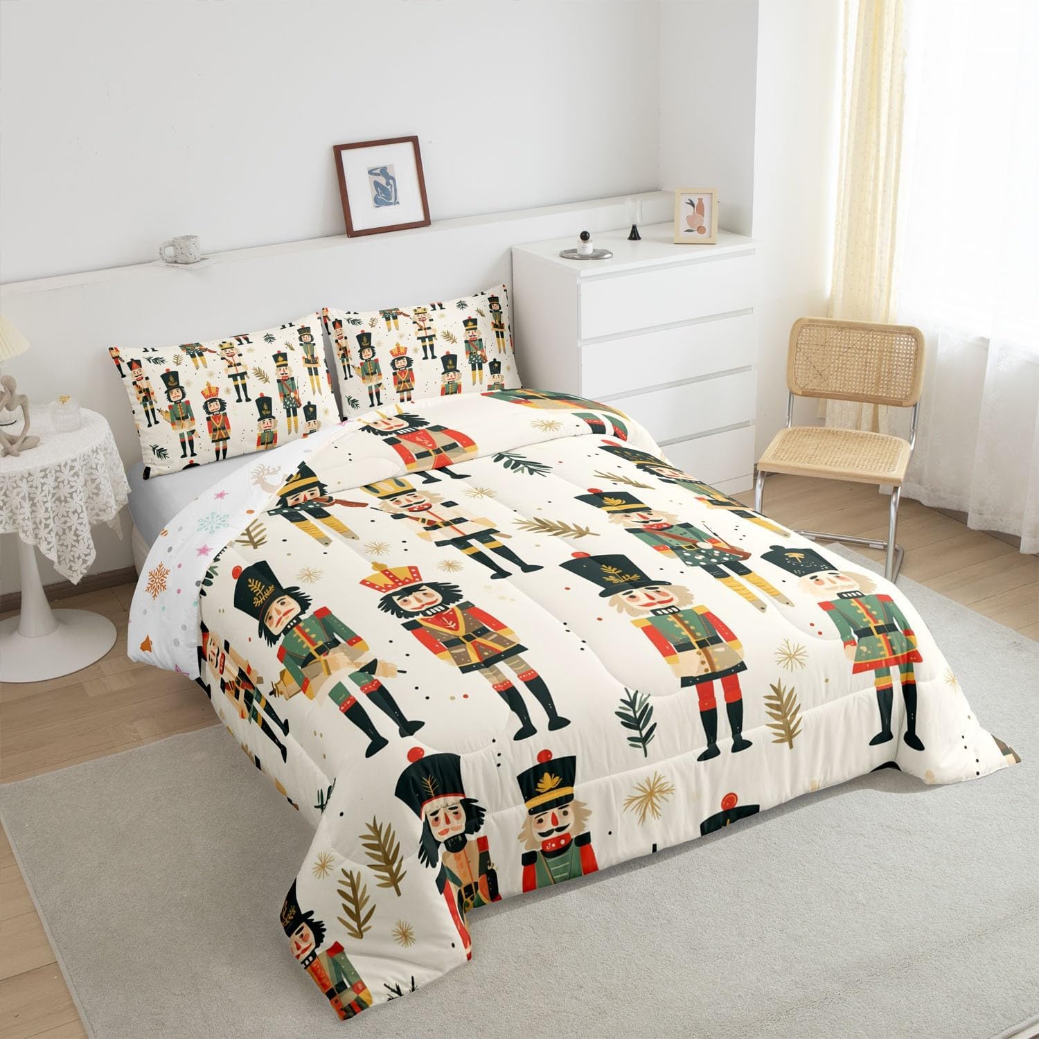 Feelyou Merry Christmas Comforter Set for Kids Boys Girls Christmas Nutcracker Comforter Queen Size Xmas Deer Elk Decor Bedding Set Decor Duvet Set Cartoon Nutcracker Quilt Set 3Pcs