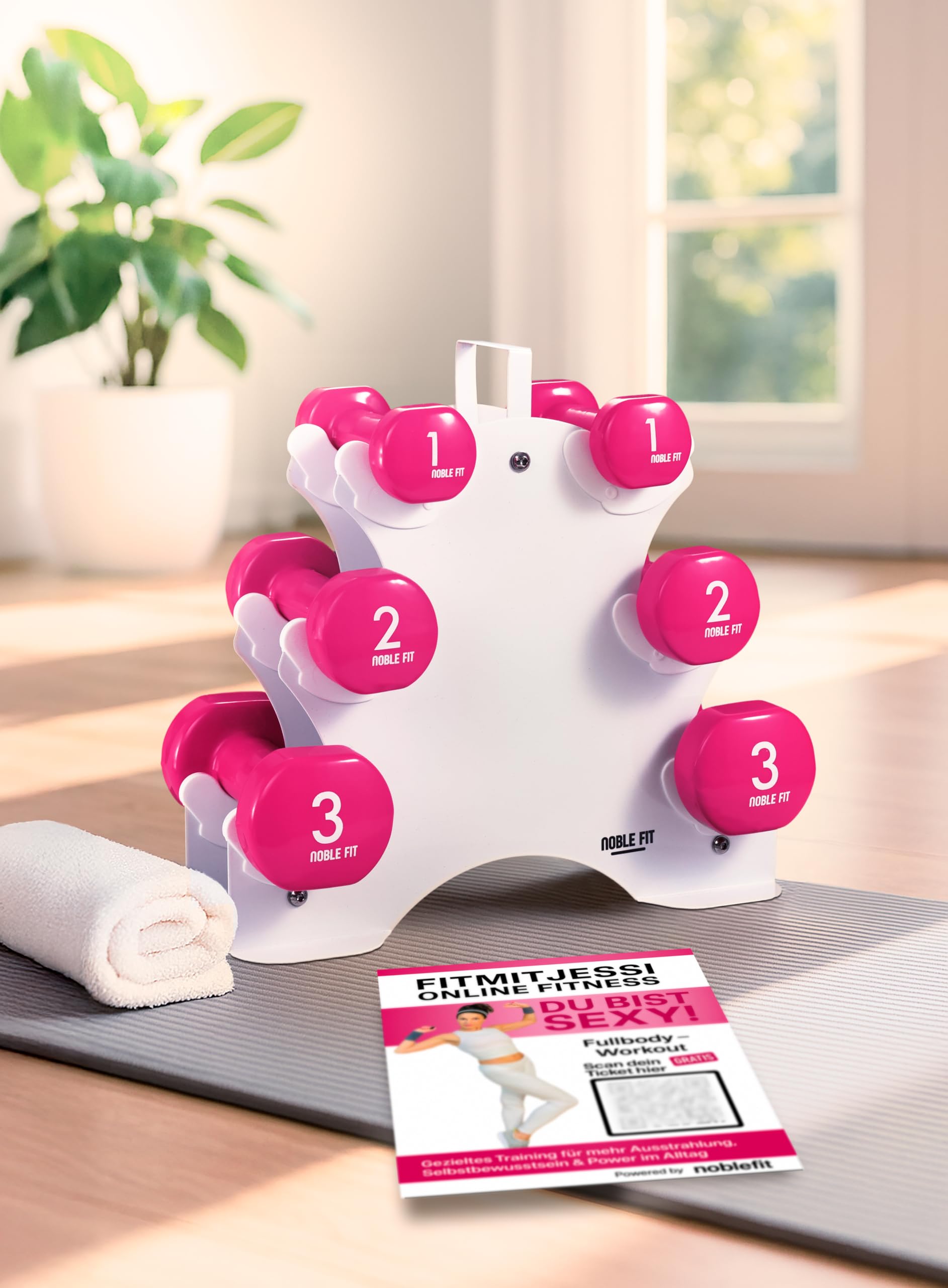 Kurzhantel Set 12 kg mit Ständer – Hantelset für Damen & Anfänger – 2x1 kg 2x2 kg 2x3 kg – rutschfeste Vinyl Hanteln – Fitness Zuhause Home Workout inkl. 60 Min. Trainingsvideo