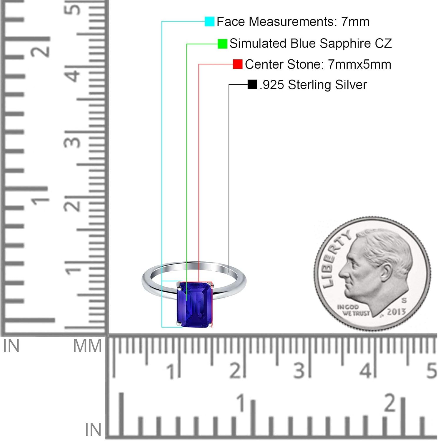 Blue Apple Co. Emerald Cut Cubic Zirconia Cathedral Solitaire Wedding Engagement Ring 925 Sterling Silver Center Stone-(7mmx5mm)