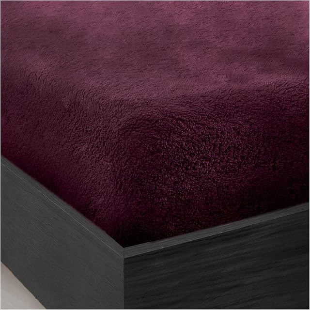Teddy Bear Fleece Single Fitted Sheet, Single Bed Sheets Plain Thermal Warm Soft Cuddly Fluffy Bedding, Aubergine