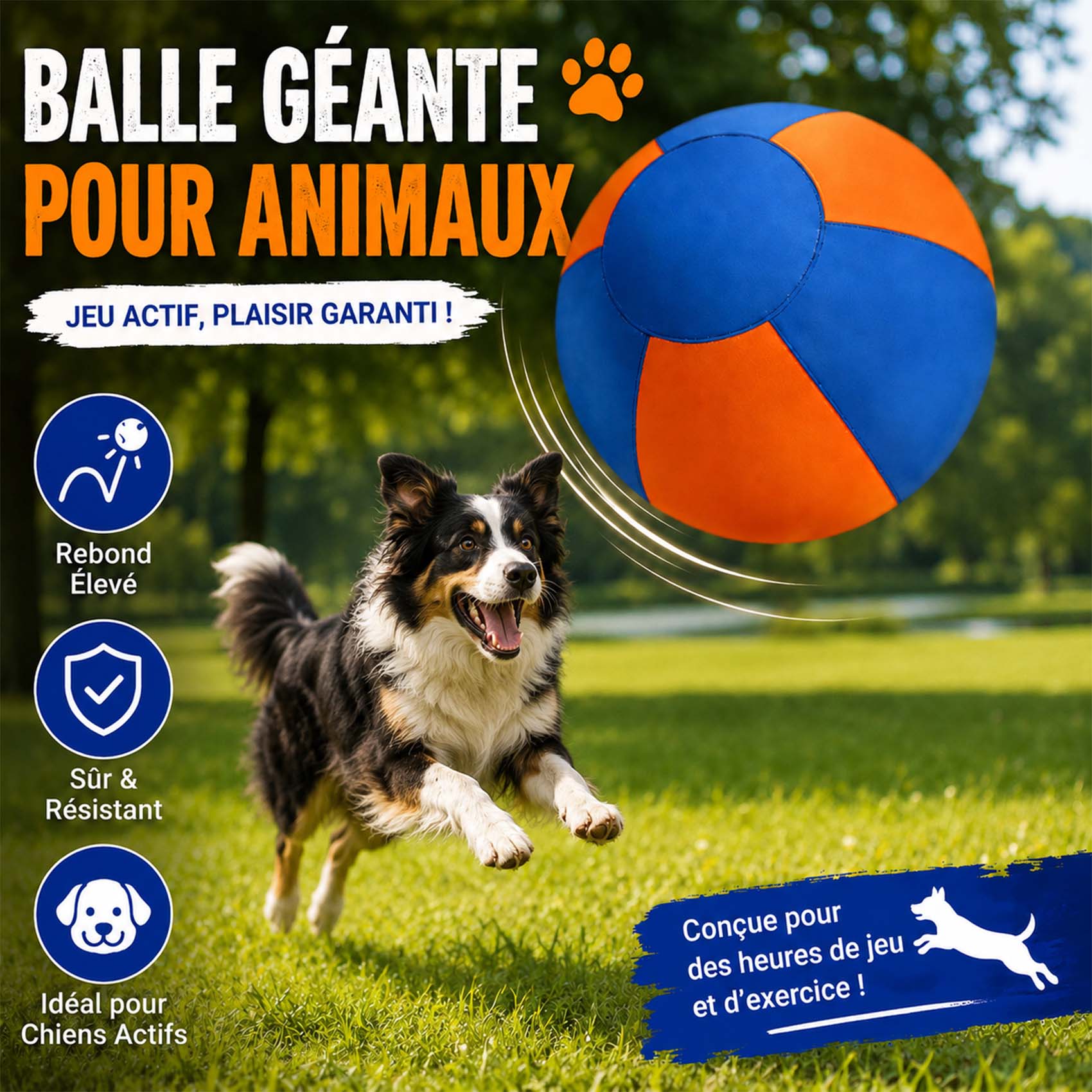 Leyof Giant Herding Ball for Hunde, Aufblasbarer Treibball mit Griff, Reißfestes Hundespielzeug für Training & Bewegung, Inkl. Pumpe, Für Große und Mittelgroße Hunde (Blau-Orange,65 cm)
