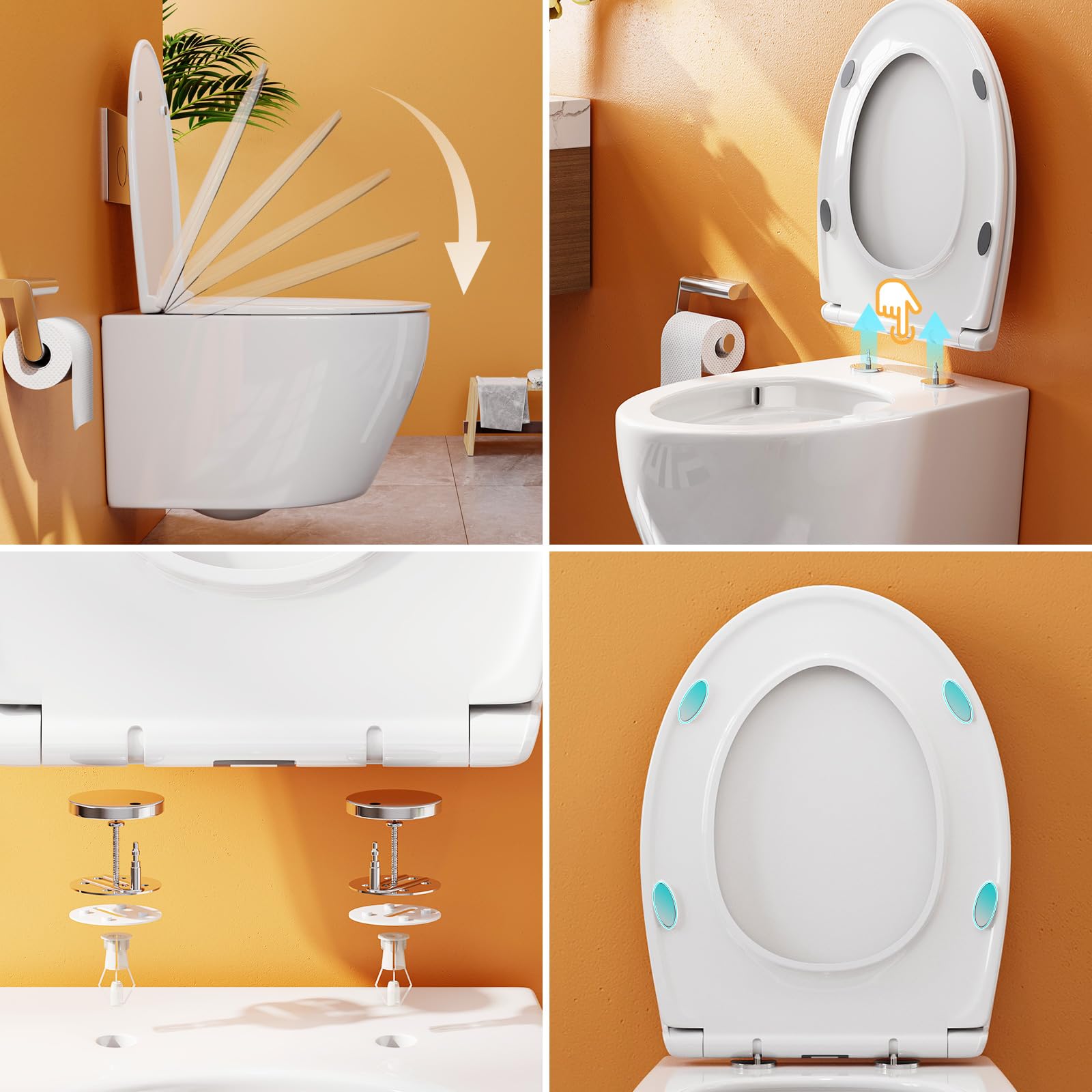 Wisząca toaleta i element podtynkowy, kompletny zestaw WC z podtynkową spłuczką, płyta uruchamiająca WC, WC z automatycznym opadaniem, pokrywa PP, biała z powłoką nano