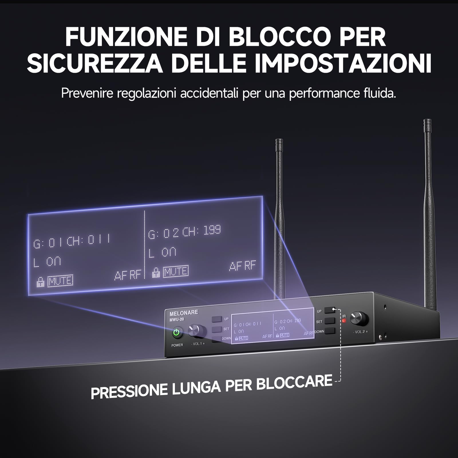 MELONARE Sistema Microfonico Wireless UHF Dual Auto Scan MWU-20-2H | 2 microfoni palmari dinamici, 2 x 100 frequenze, portata 260 piedi, canto, karaoke, chiesa e set DJ