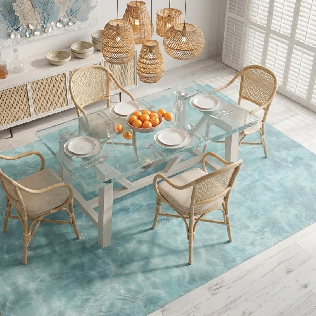 Alfombra vinílica PVC de diseño Digital Orilla de mar para; salón, Cocina, Sala de Estar, entradas, baño o dormitorios con revés PVC Antideslizante y facíl Lavada de Colores Azules Turquesa