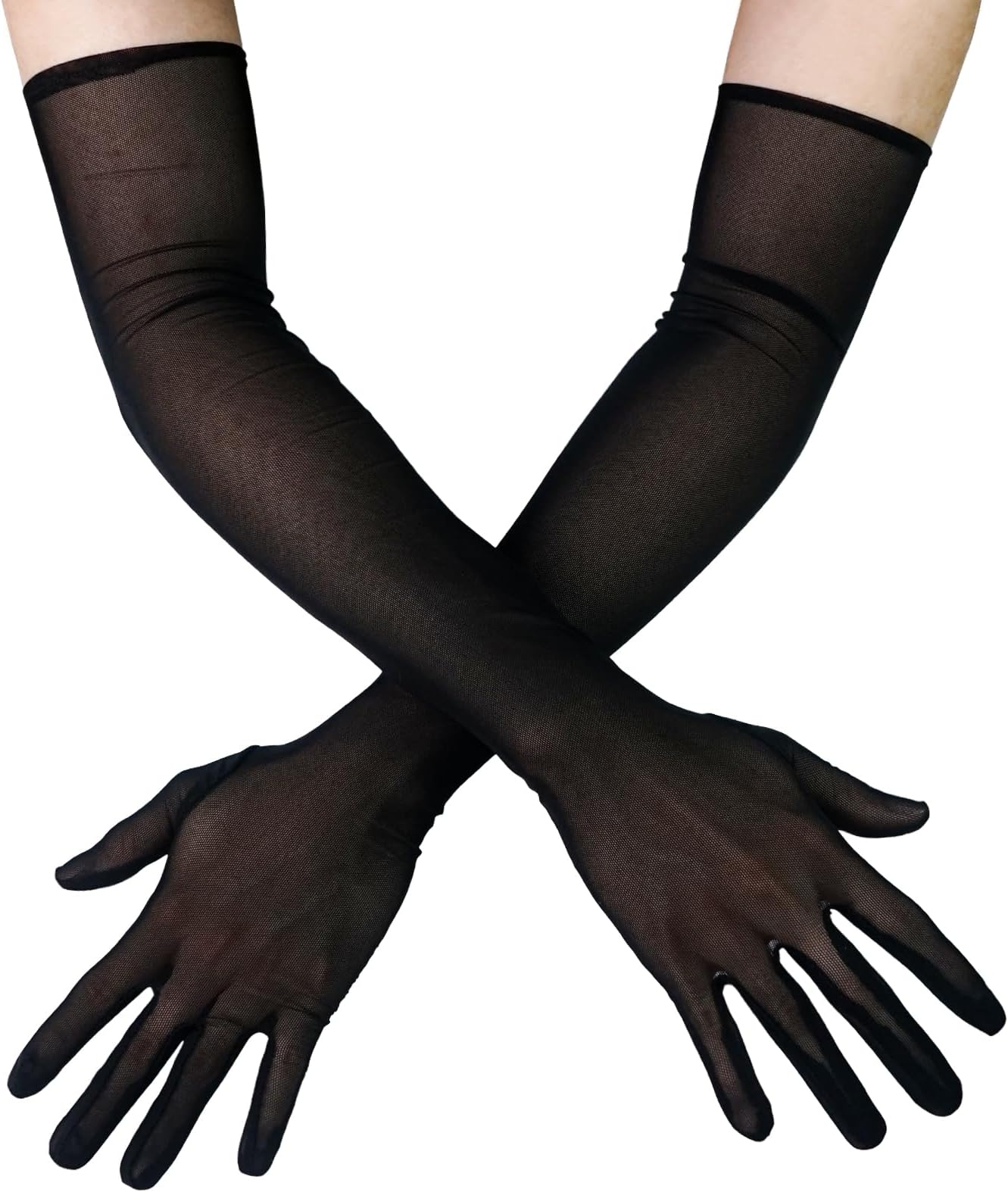 Luwint 2 Pairs Long Mesh Gloves, Over Elbow Tulle Sheer Gloves Opera Dress Halloween Costume Cosplay Gloves, Black