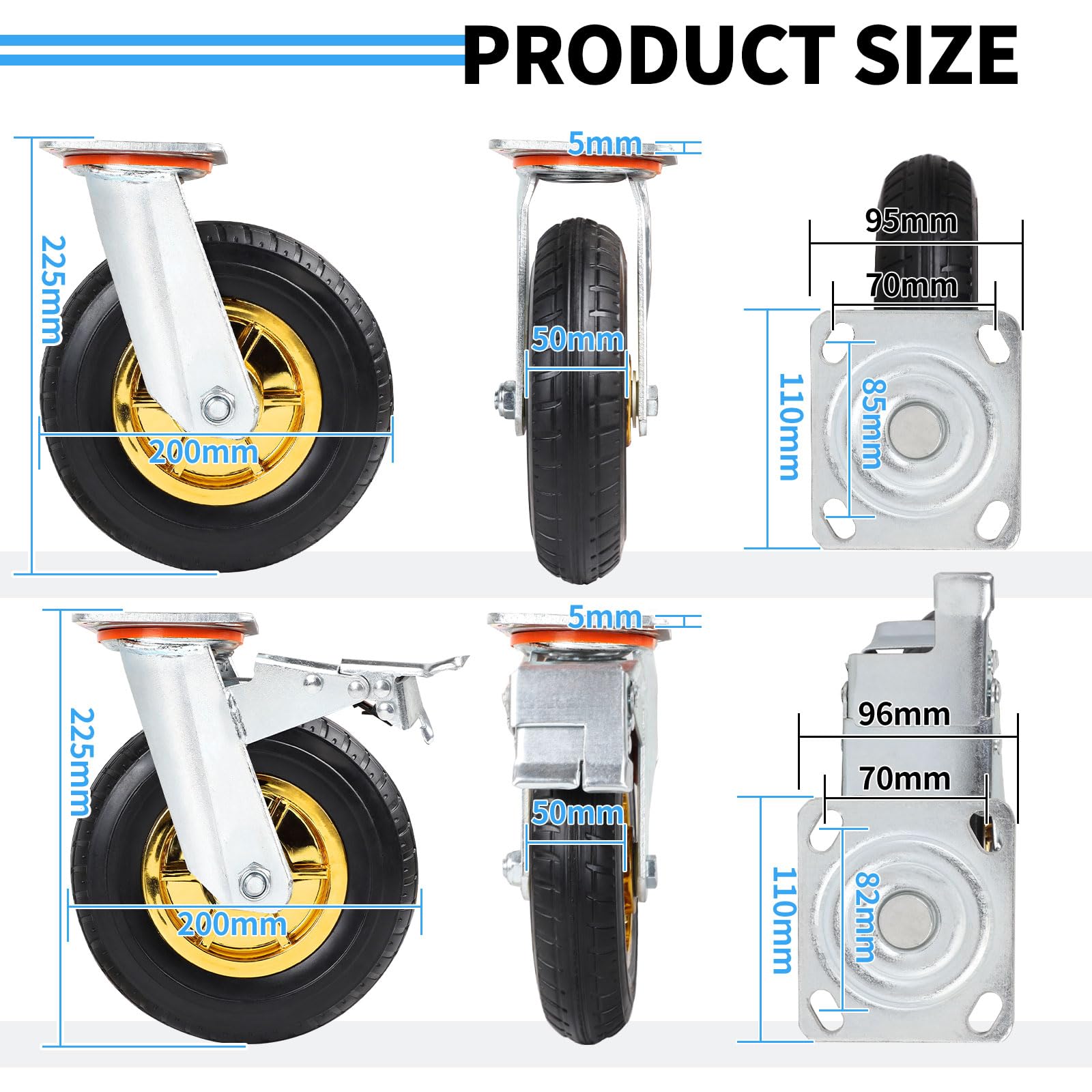 SWAWIS Lot de 4 Roulettes Charge Lourde 200mm Jusqu'à 260 kg par Roulettes Pivotantes À 360 Degrés (2 avec Frein) pour Chariot, Établi, Meuble