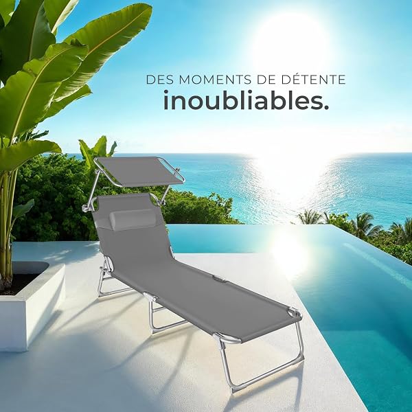 tectake® Set de 2 Chaises Longues Pliantes avec Pare Soleil & Appuie-tête - Transat Inclinable de Plage, Relax pour Jardin, Camping, Salon Exterieur - Gris - 2