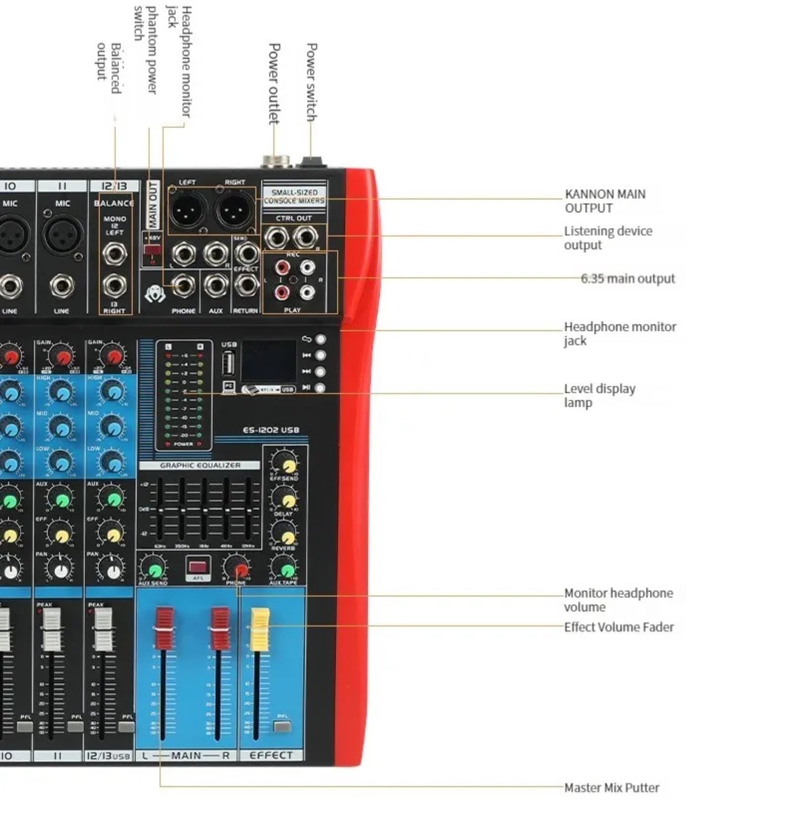M6, console de mixage professionnelle, audio, DJ, console à barre de son avec USB/MP3/Bluetooth, scène, en direct, table de mixage intégrée, effet numérique, musique, mixeur, 7 canaux, + 48 V