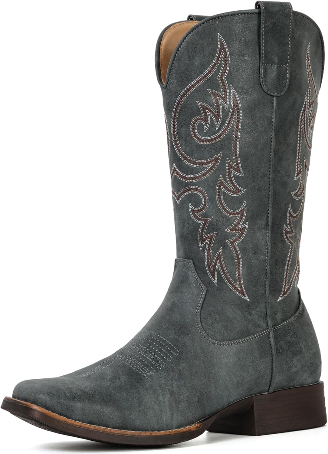 IUV Cowboy Boots for Women Mid Calf Square Toe Cowgirl Boots with Embroidery Pull On Fashion Retro Western Boot for Theme Party Country Concert