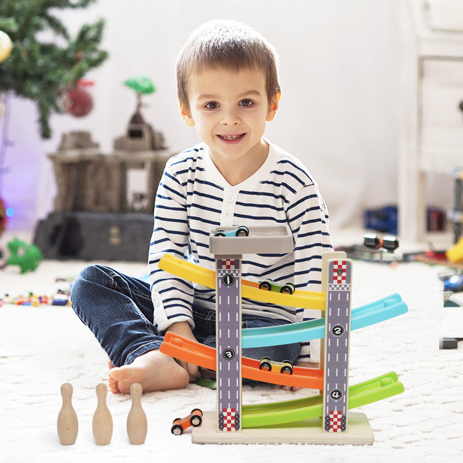 Drewniany tor wyścigowy z 4 samochodami i 3 piłkami do kręgielni, zygzak, zjeżdżalnia samochodowa, tor wyścigowy, zabawka edukacyjna, prezent dla dzieci, chłopców, prezent