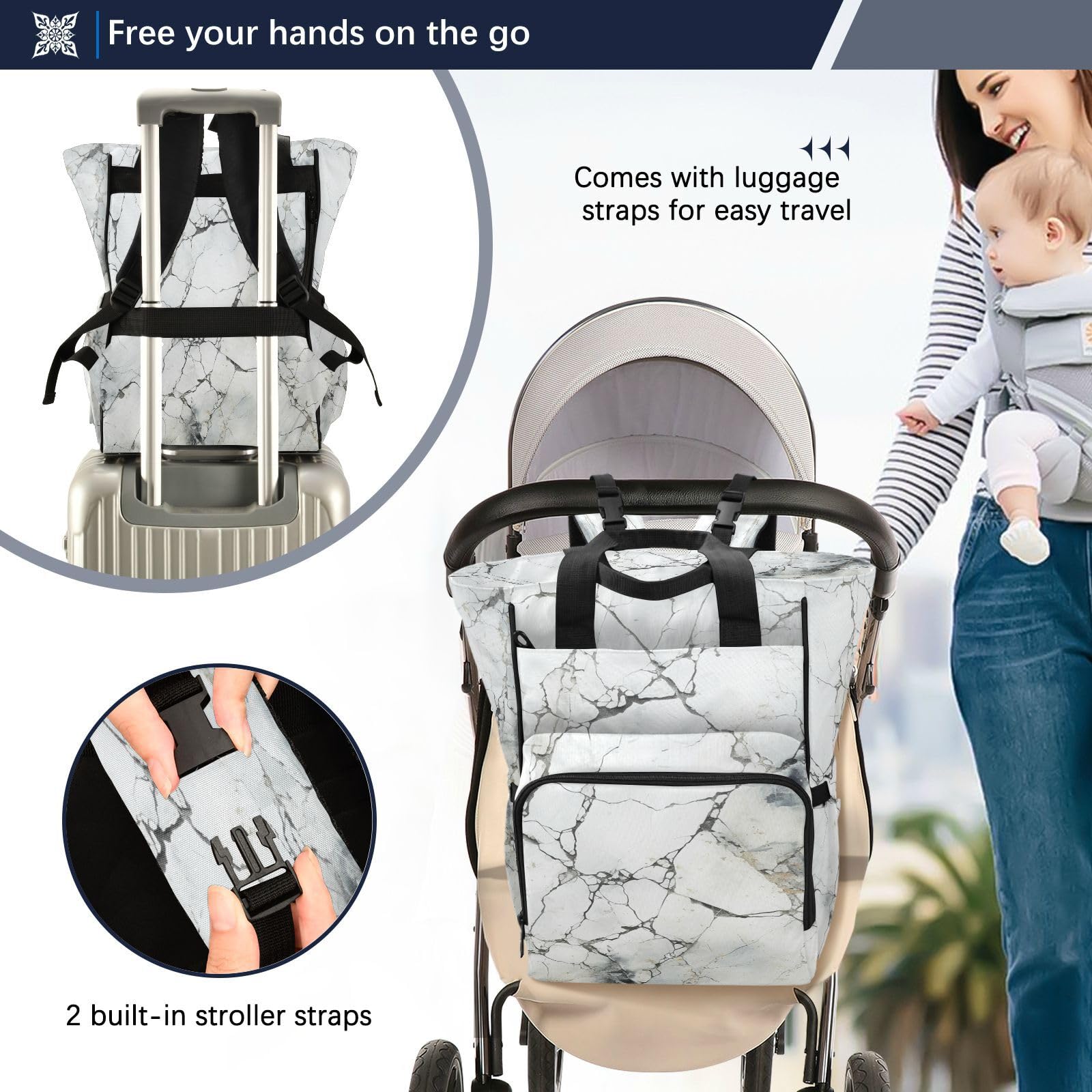 Arte De Mármol Blanco Negro Bolsa de Pañales, Mochila de Viaje, Gran Capacidad, Bolsas para Mamá Papá Mujeres Niñas